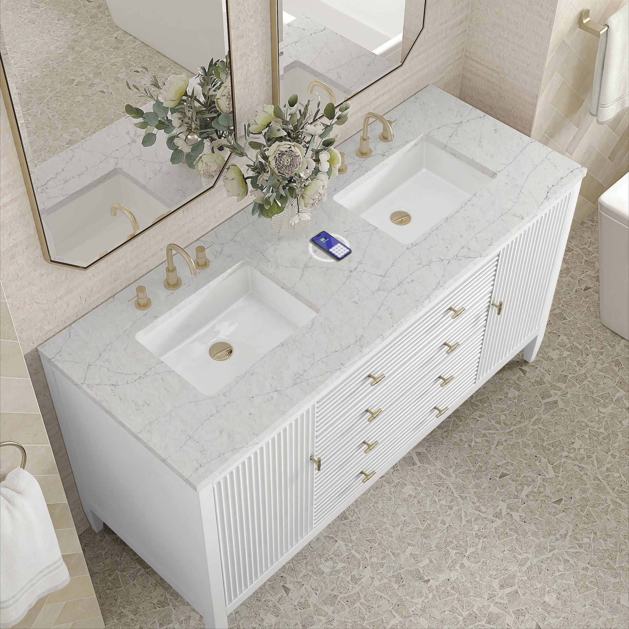 James Martin Myrrin 60" Double Bathroom Vanity, Bright White with Eternal Jasmine Pearl (FreePower) countertop