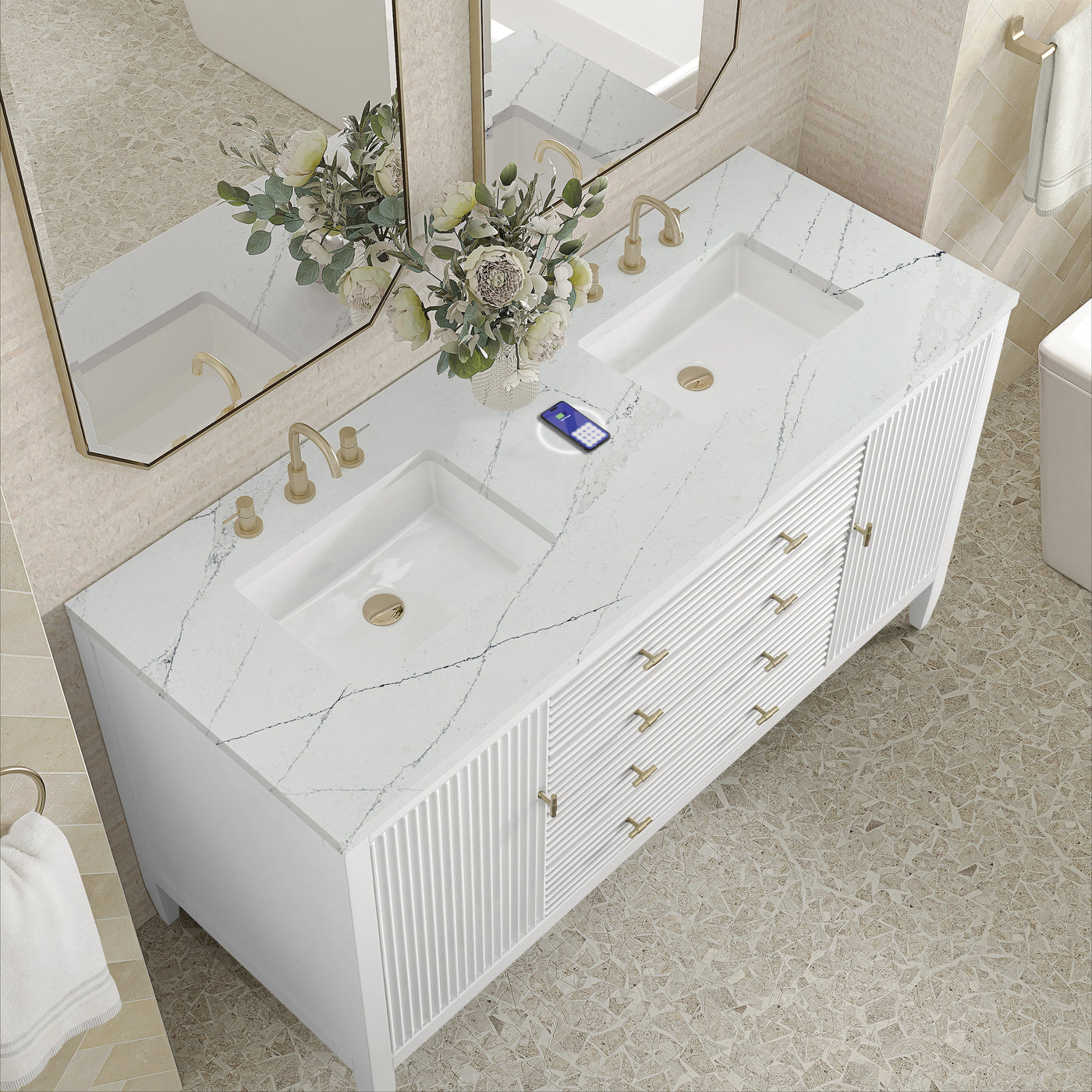 James Martin Myrrin 60" Double Bathroom Vanity, Bright White with Ethereal Noctis (FreePower) countertop