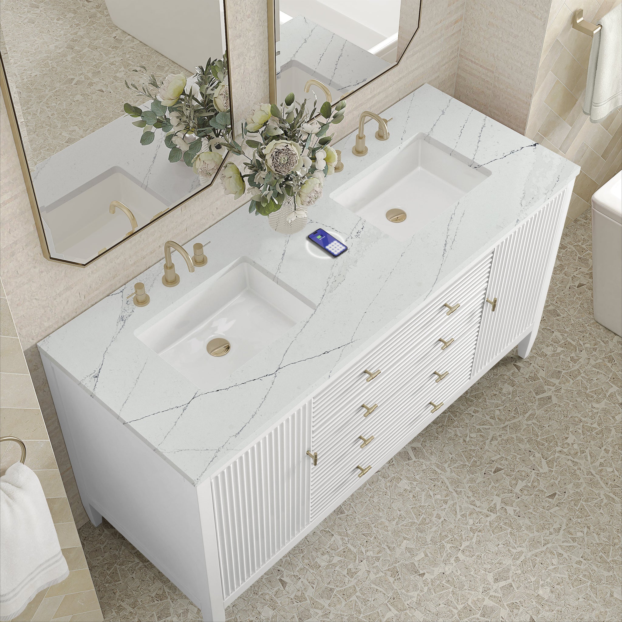 James Martin Myrrin 60" Double Bathroom Vanity, Bright White with Ethereal Noctis (FreePower) countertop
