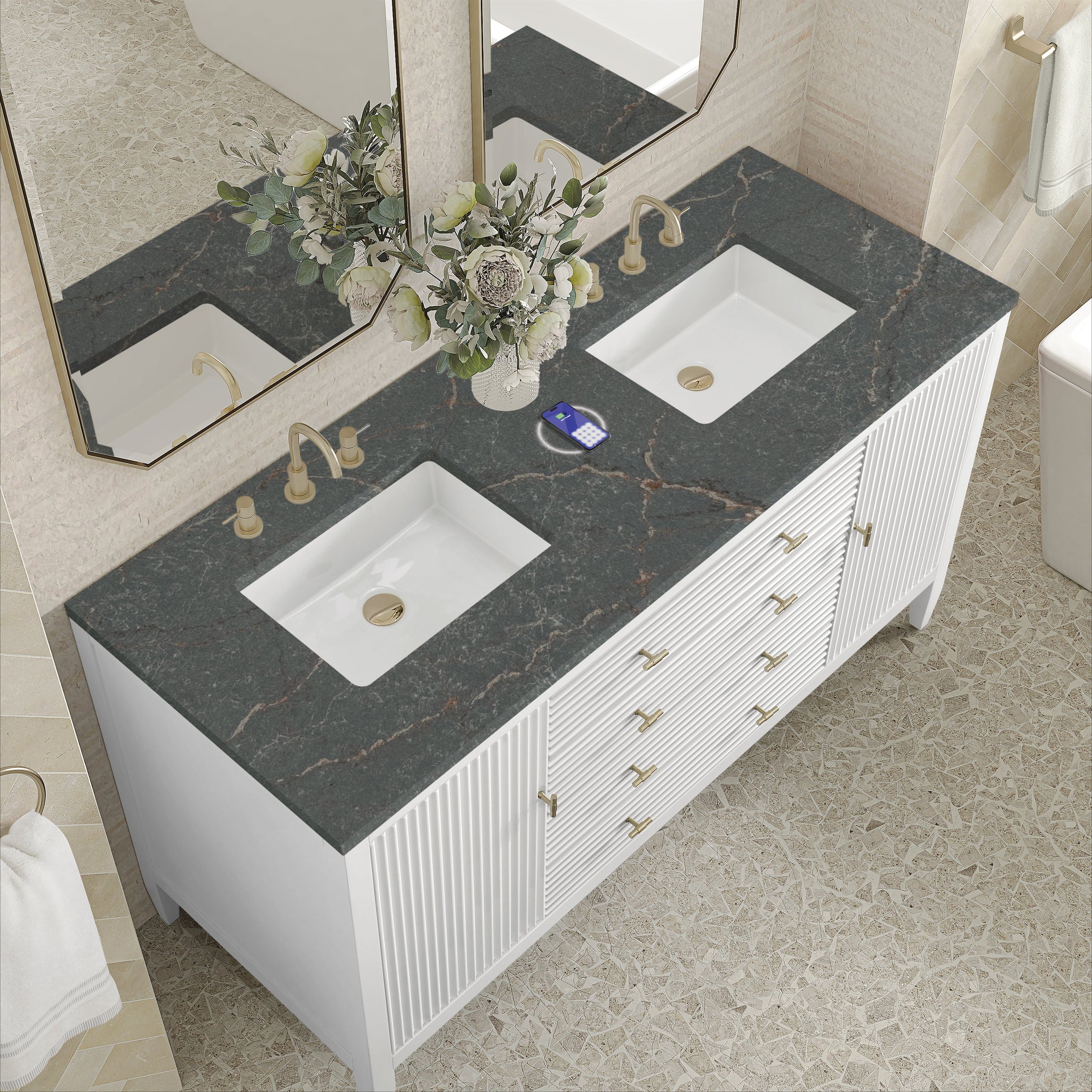 James Martin Myrrin 60" Double Bathroom Vanity, Bright White with Parisien Bleu (FreePower) countertop
