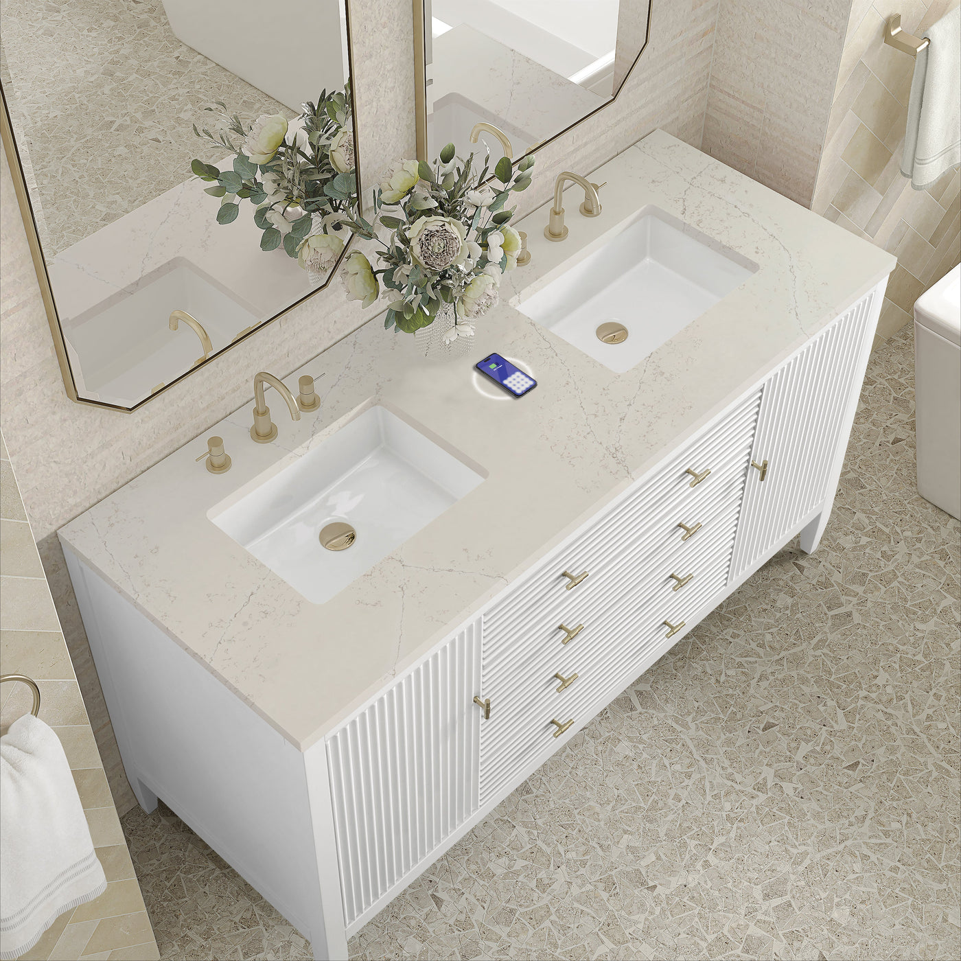 James Martin Myrrin 60" Double Bathroom Vanity, Bright White with Siberian (FreePower) countertop