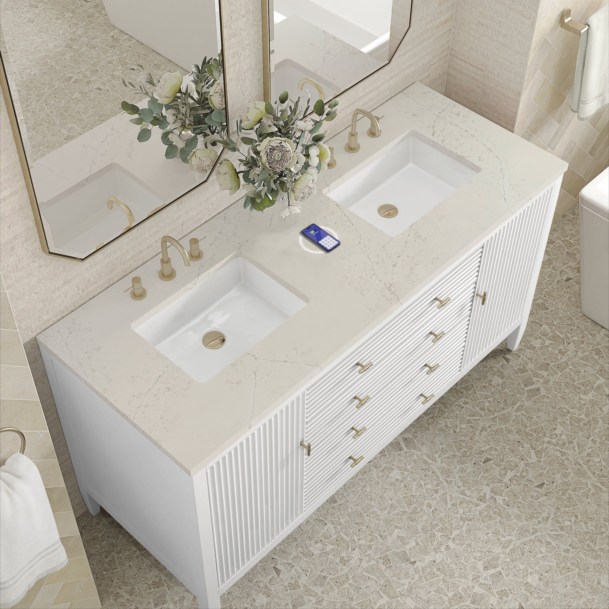 James Martin Myrrin 60" Double Bathroom Vanity, Bright White with Siberian (FreePower) countertop