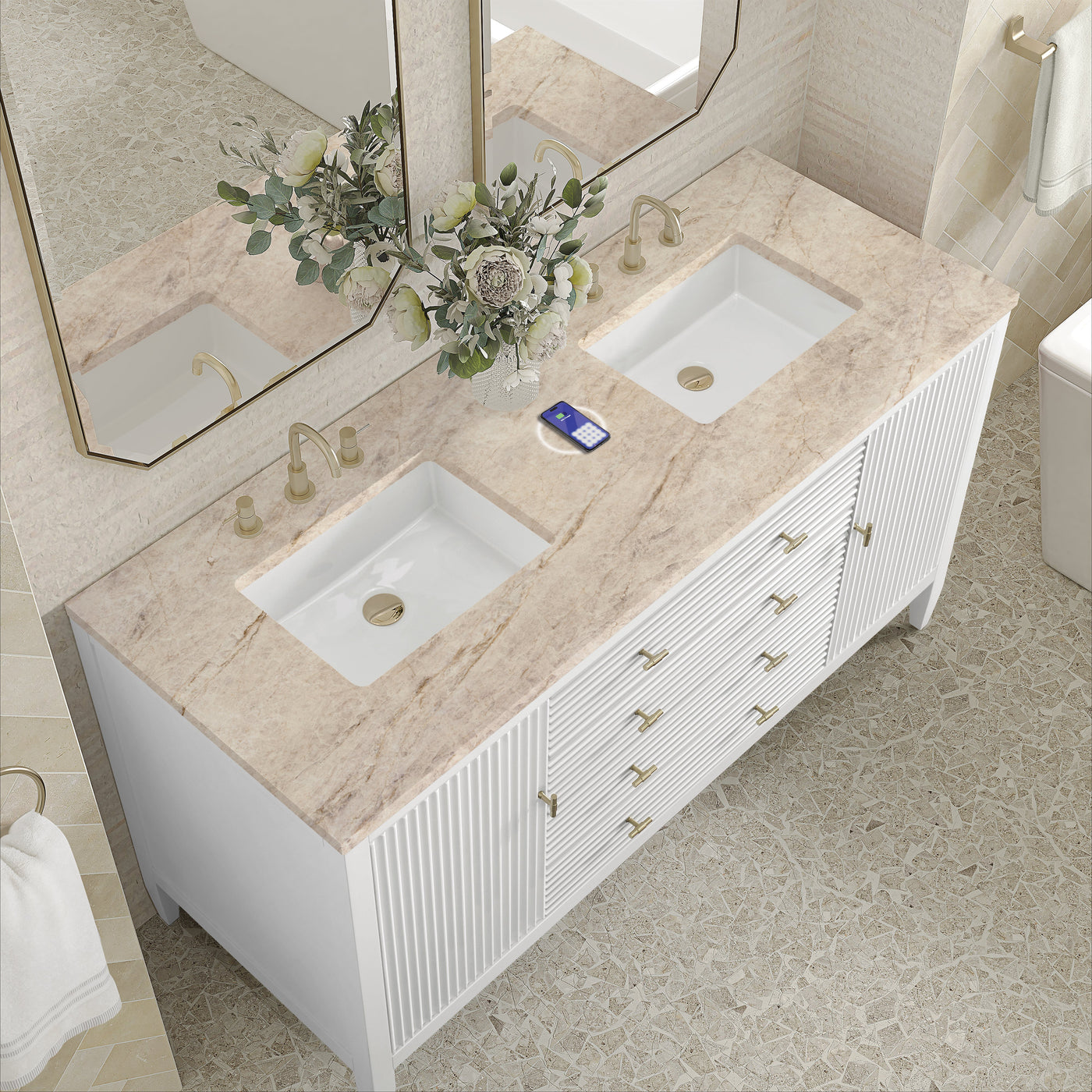 James Martin Myrrin 60" Double Bathroom Vanity, Bright White with Tajnar (FreePower) countertop