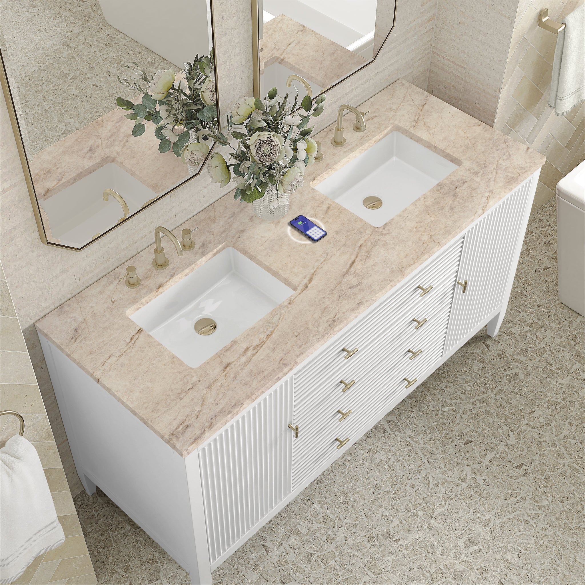 James Martin Myrrin 60" Double Bathroom Vanity, Bright White with Tajnar (FreePower) countertop