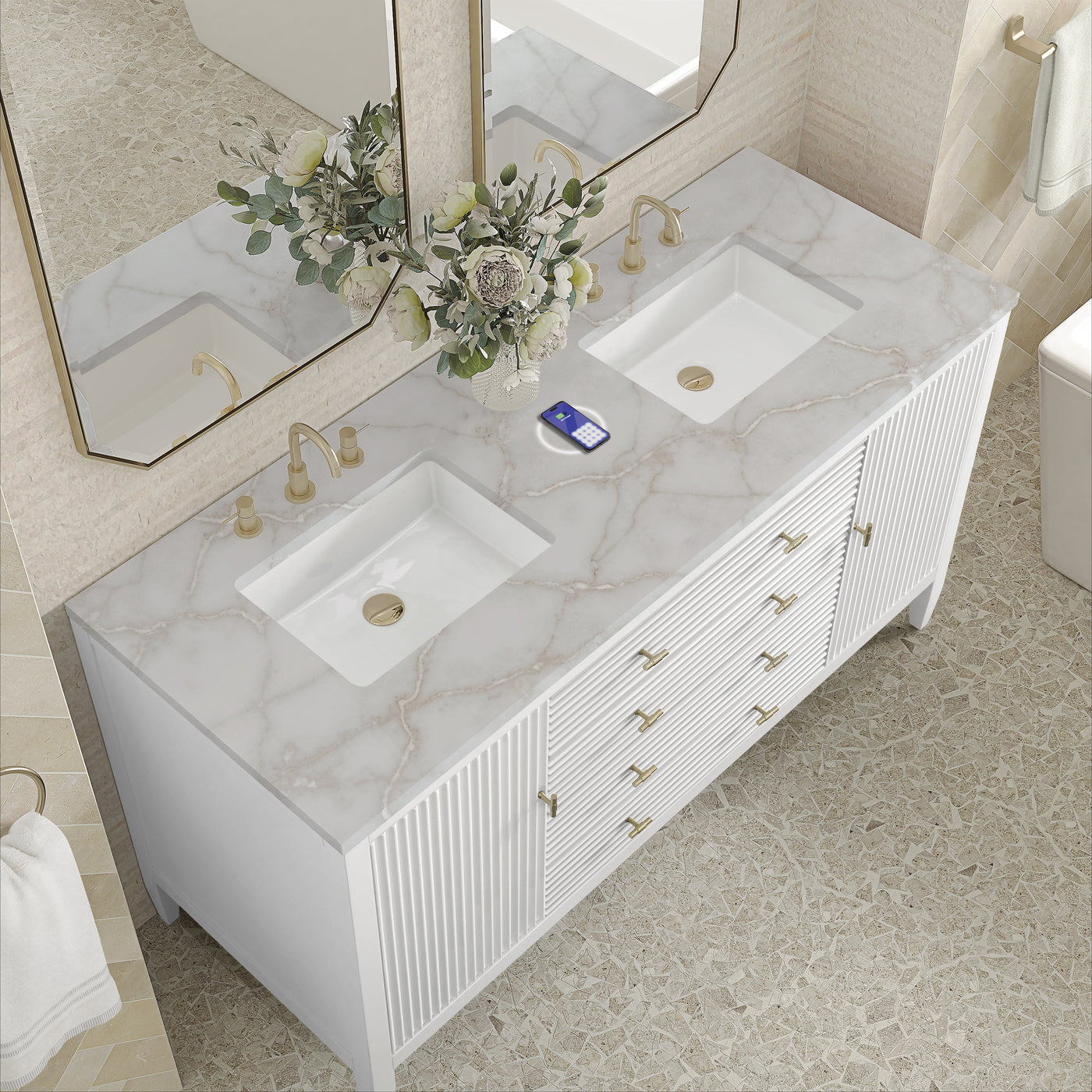 James Martin Myrrin 60" Double Bathroom Vanity, Bright White with Victorian Silver (FreePower) countertop