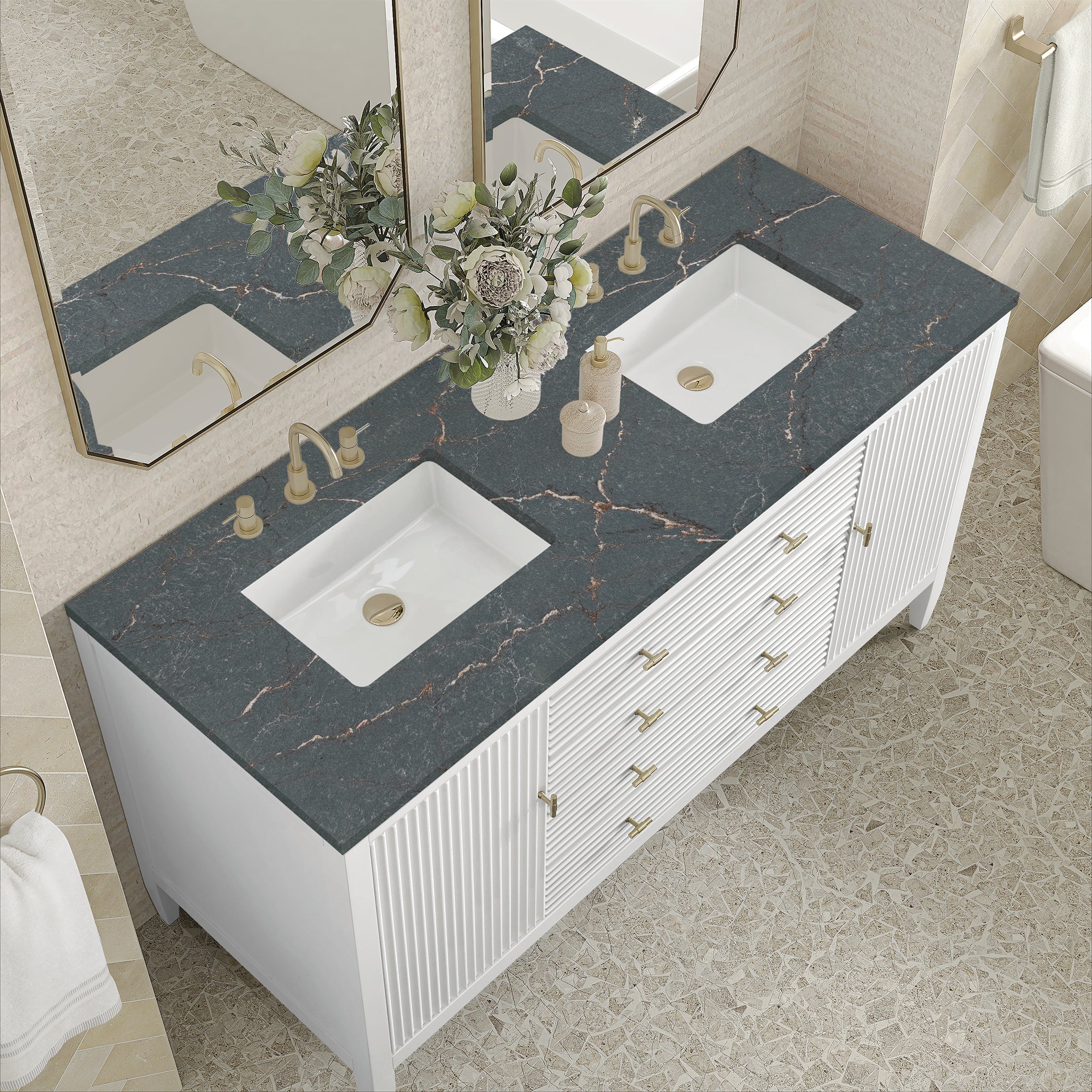 James Martin Myrrin 60" Double Bathroom Vanity, Bright White with Parisien Bleu countertop
