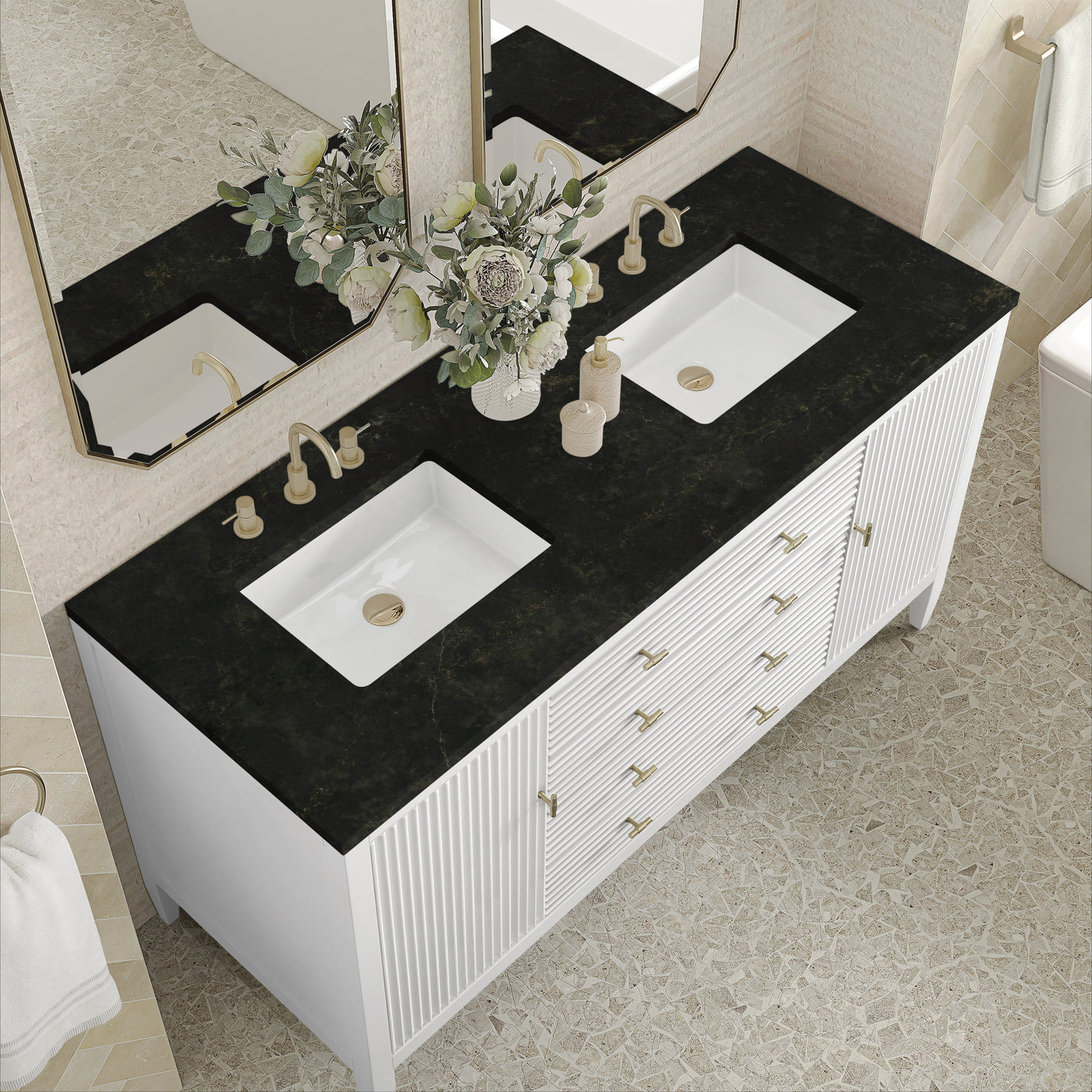 James Martin Myrrin 60" Double Bathroom Vanity, Bright White with Phantome countertop