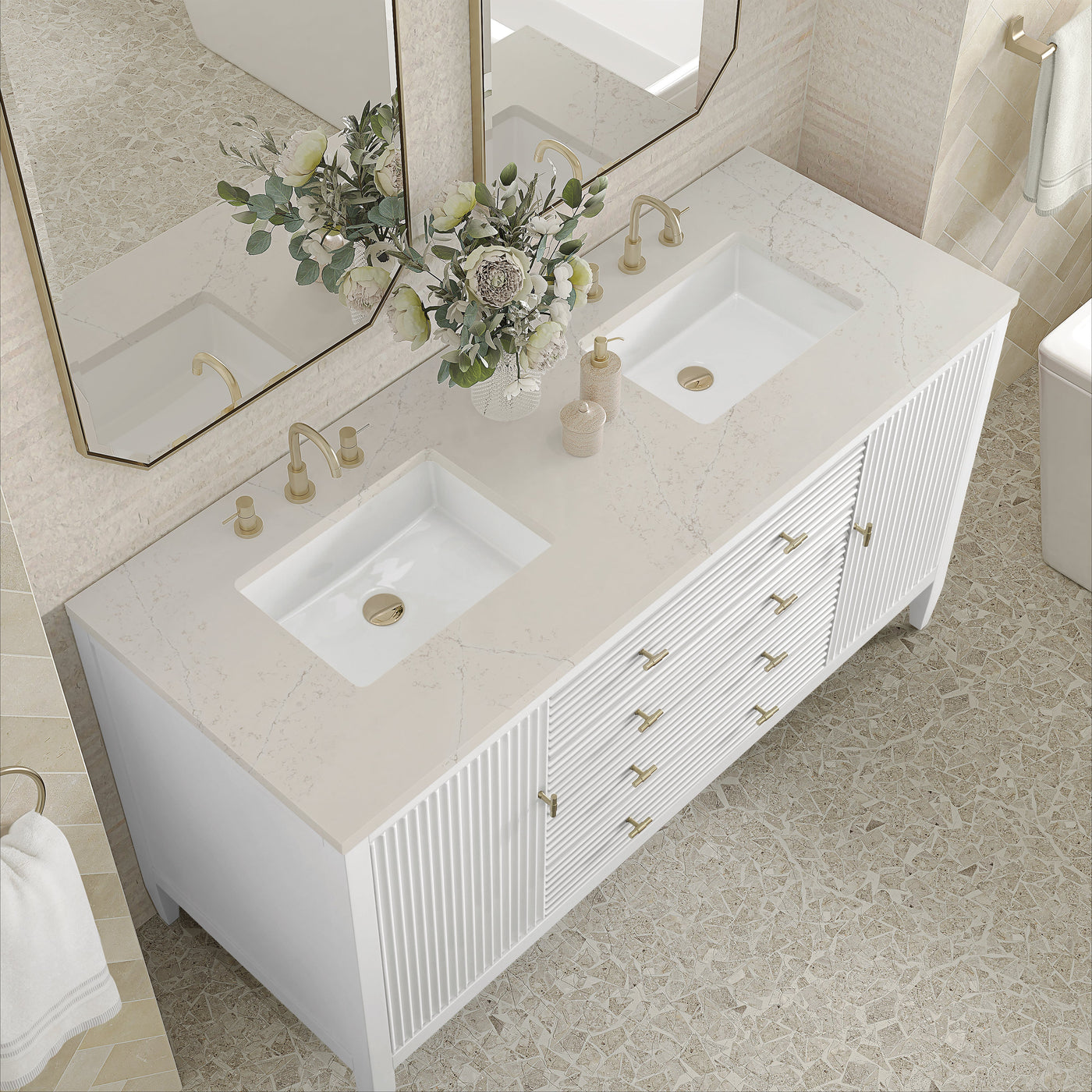 James Martin Myrrin 60" Double Bathroom Vanity, Bright White with Siberian countertop
