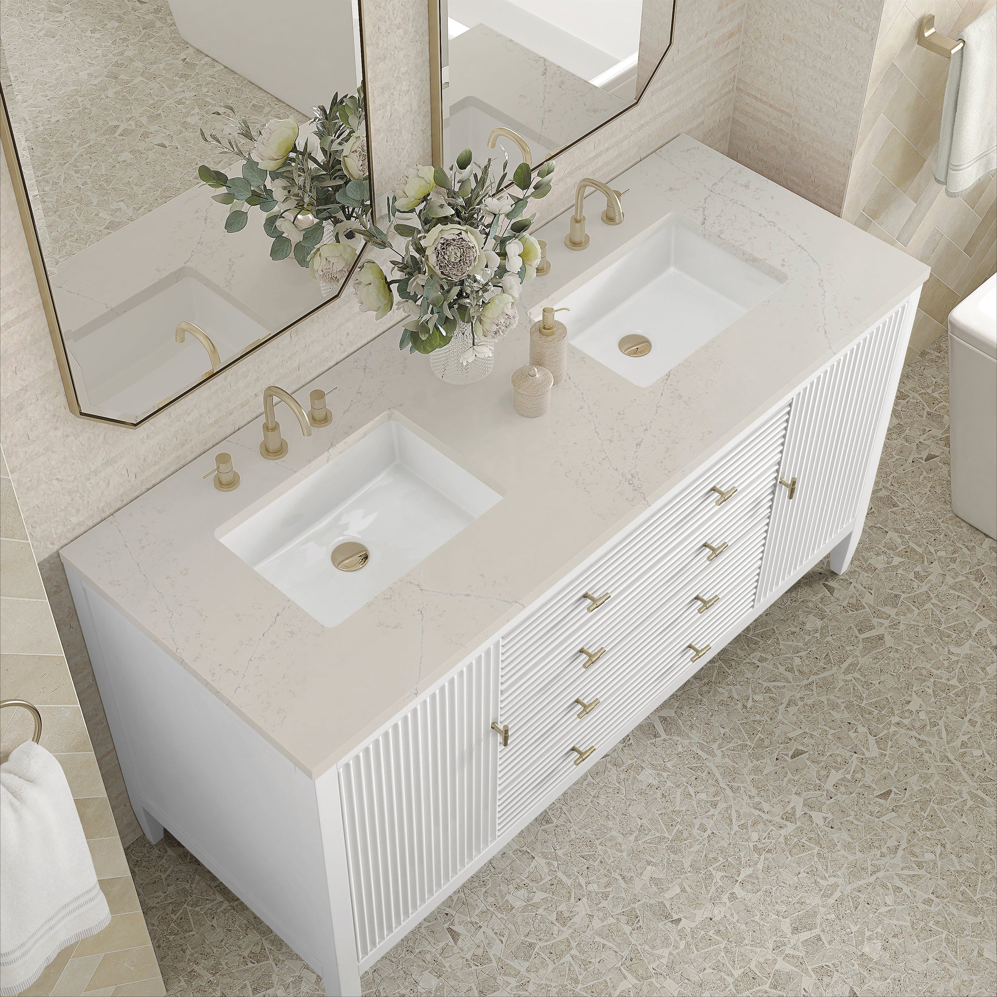 James Martin Myrrin 60" Double Bathroom Vanity, Bright White with Siberian countertop