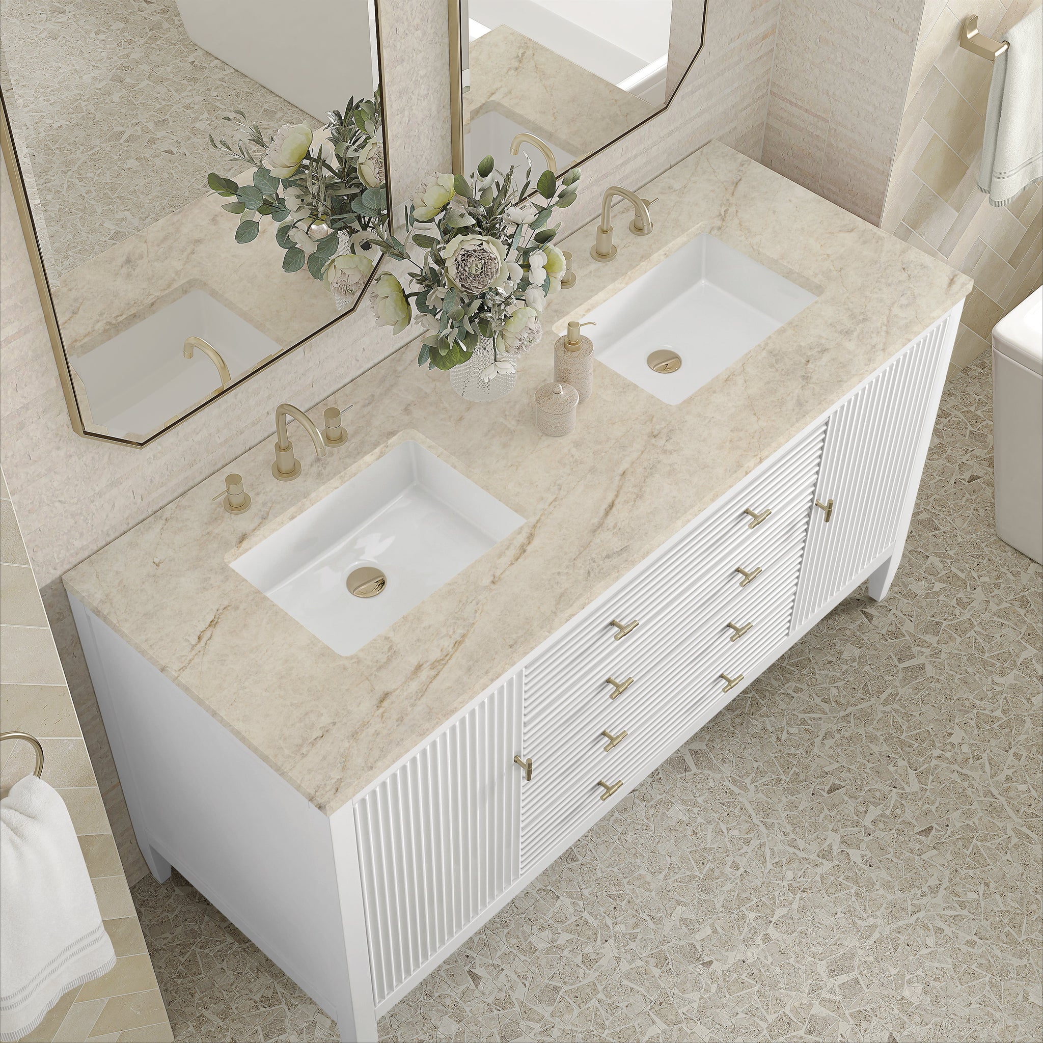 James Martin Myrrin 60" Double Bathroom Vanity, Bright White with Tajnar countertop