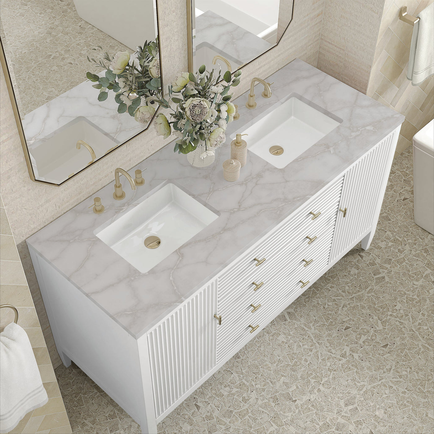 James Martin Myrrin 60" Double Bathroom Vanity, Bright White with Victorian Silver countertop