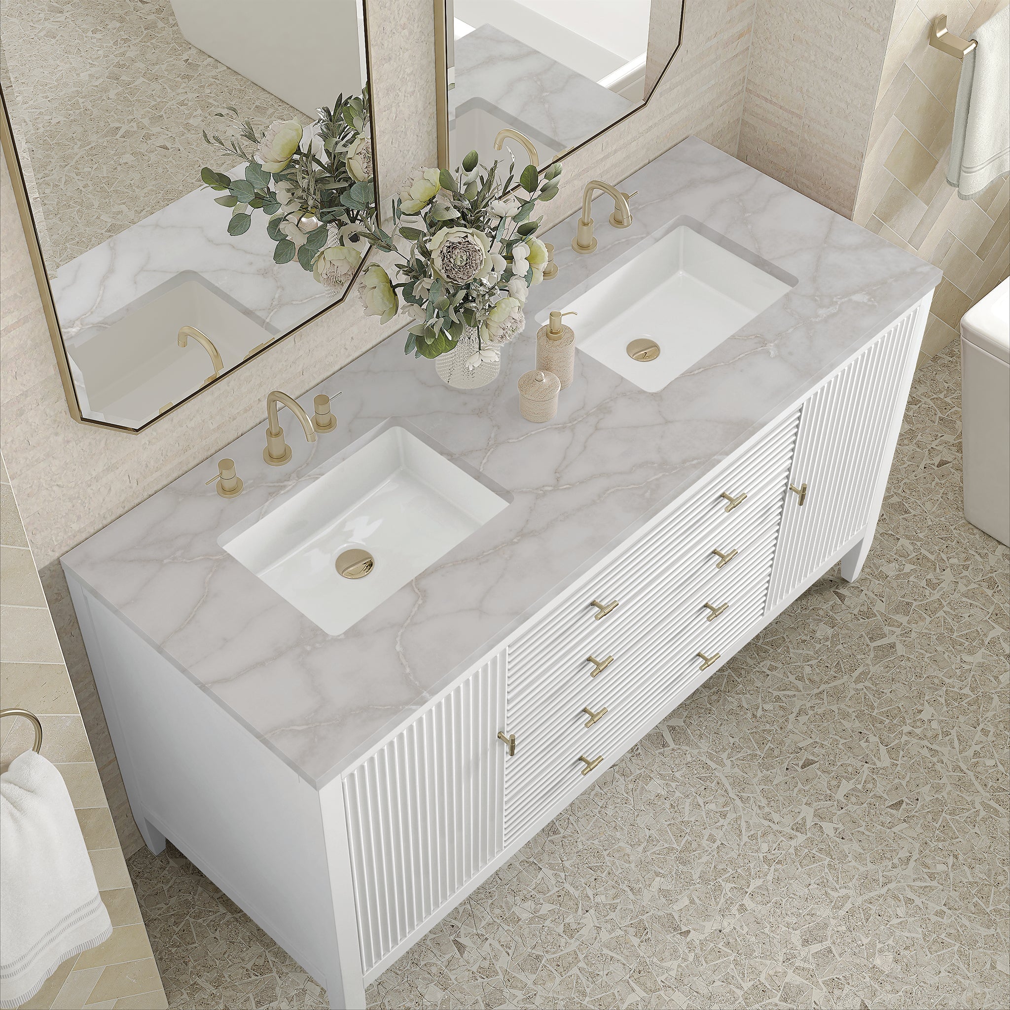 James Martin Myrrin 60" Double Bathroom Vanity, Bright White with Victorian Silver countertop