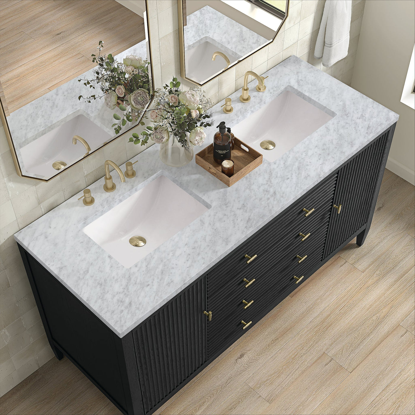 James Martin Myrrin 60" Double Bathroom Vanity, Carbon Oak with Carrara White countertop