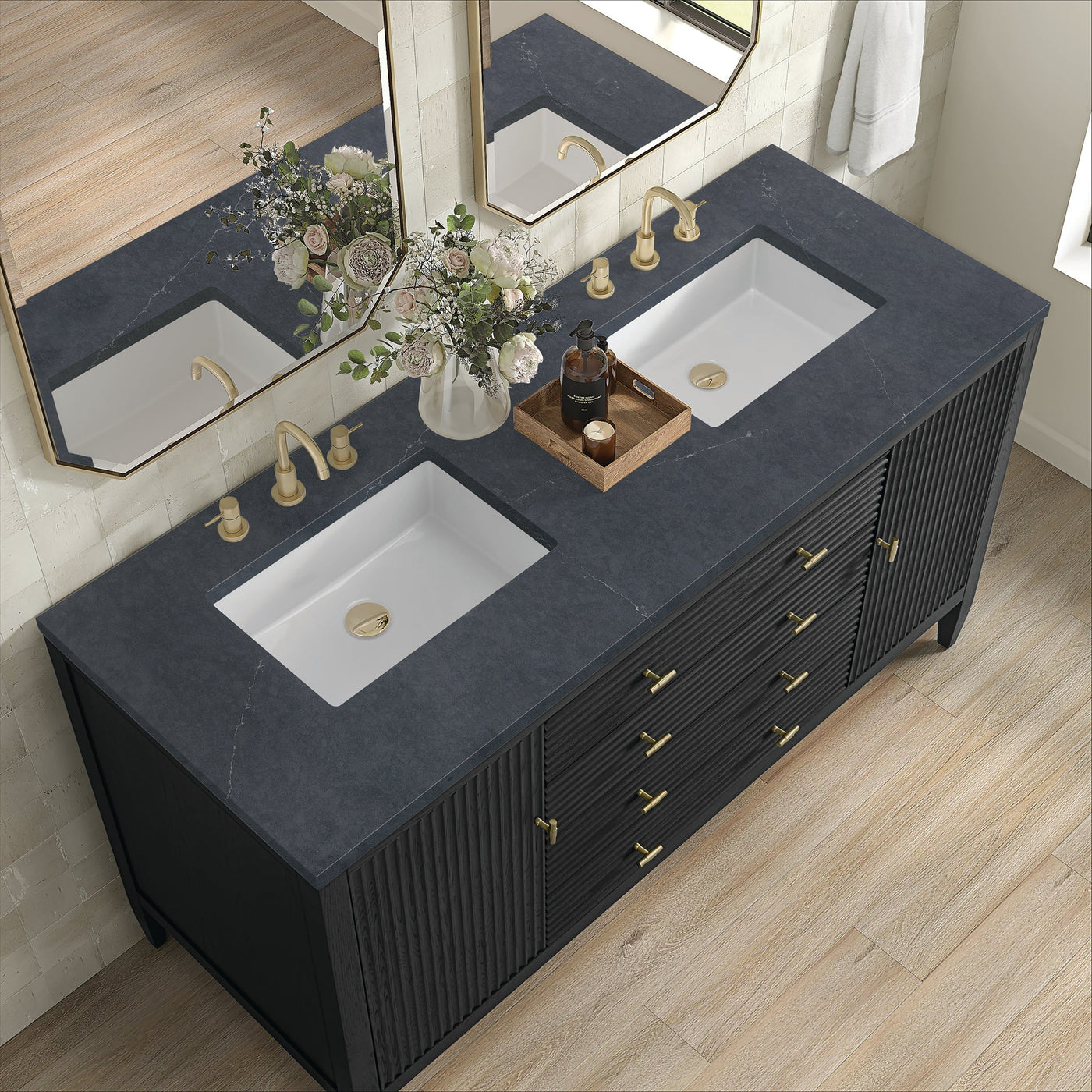 James Martin Myrrin 60" Double Bathroom Vanity, Carbon Oak with Charcoal Soapstone countertop