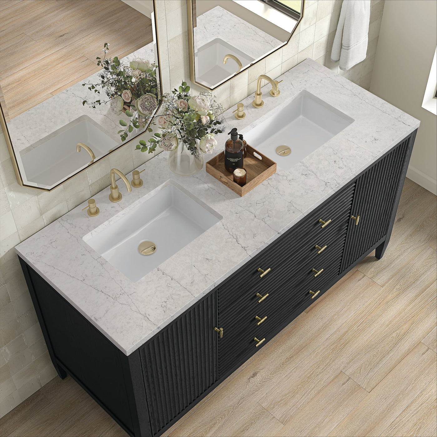 James Martin Myrrin 60" Double Bathroom Vanity, Carbon Oak with Eternal Jasmine Pearl countertop