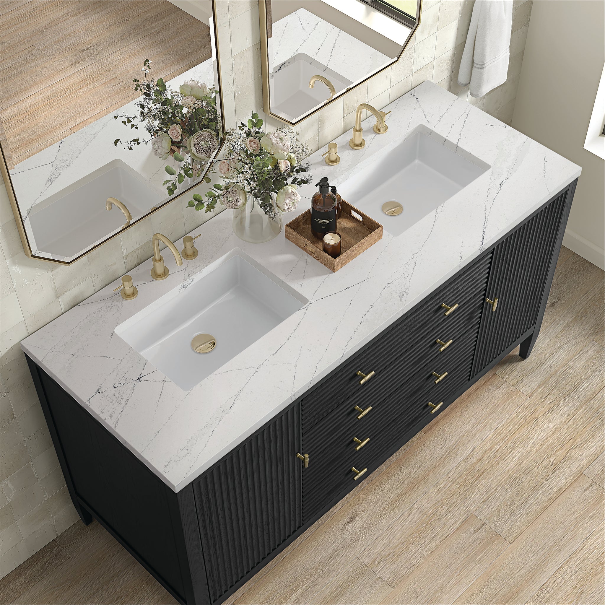 James Martin Myrrin 60" Double Bathroom Vanity, Carbon Oak with Ethereal Noctis countertop