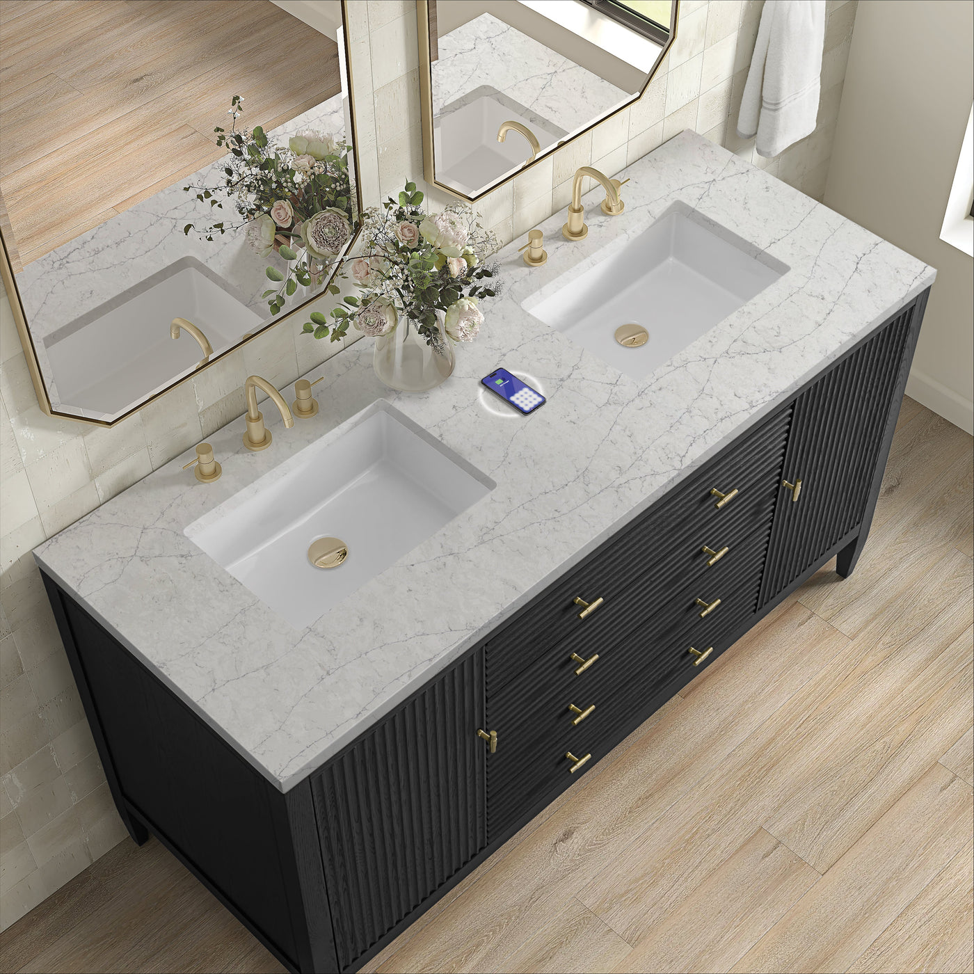 James Martin Myrrin 60" Double Bathroom Vanity, Carbon Oak with Eternal Jasmine Pearl (FreePower) countertop