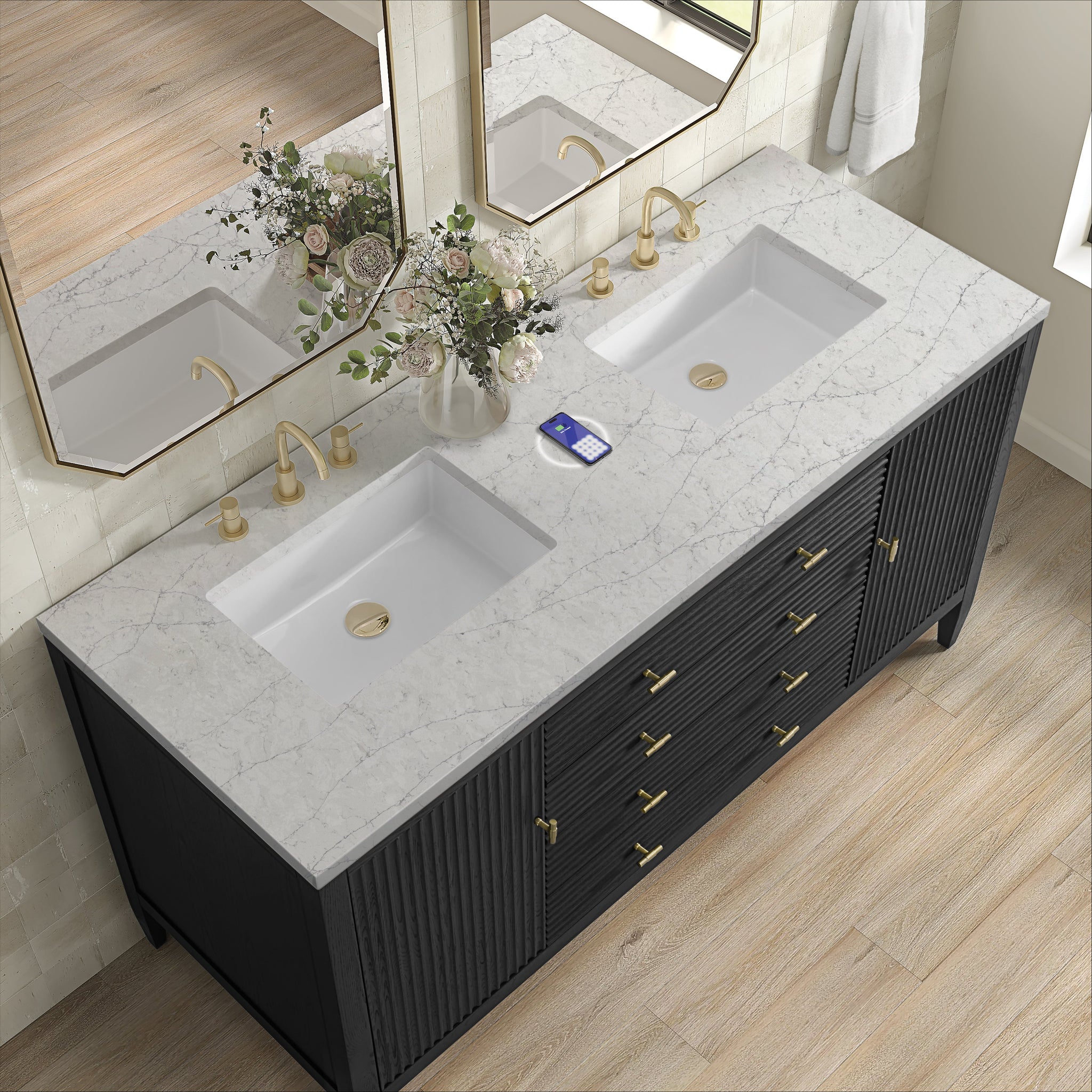 James Martin Myrrin 60" Double Bathroom Vanity, Carbon Oak with Eternal Jasmine Pearl (FreePower) countertop