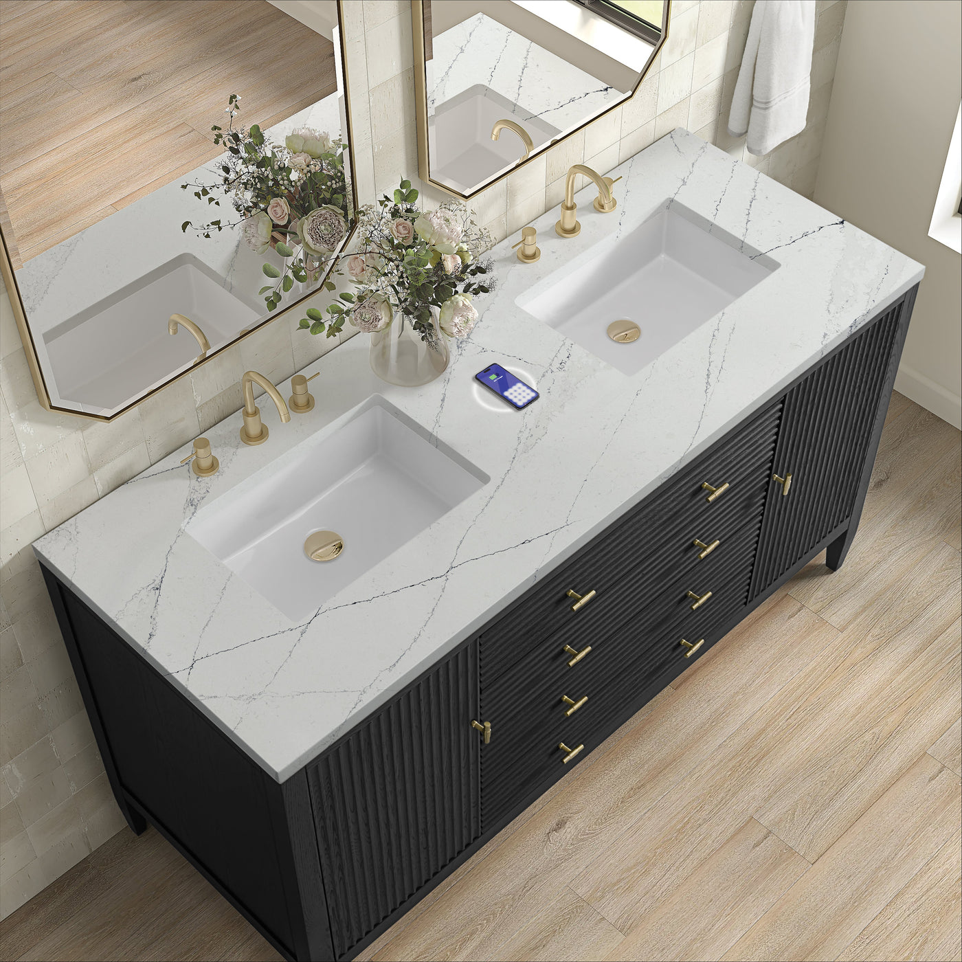 James Martin Myrrin 60" Double Bathroom Vanity, Carbon Oak with Ethereal Noctis (FreePower) countertop