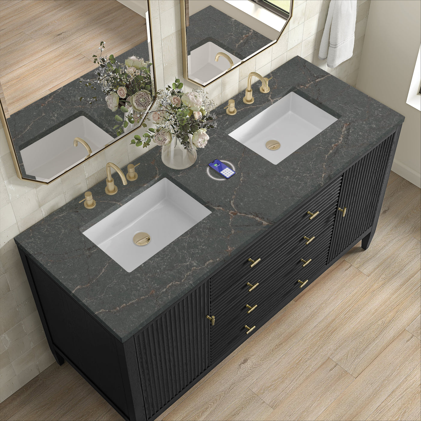 James Martin Myrrin 60" Double Bathroom Vanity, Carbon Oak with Parisien Bleu (FreePower) countertop