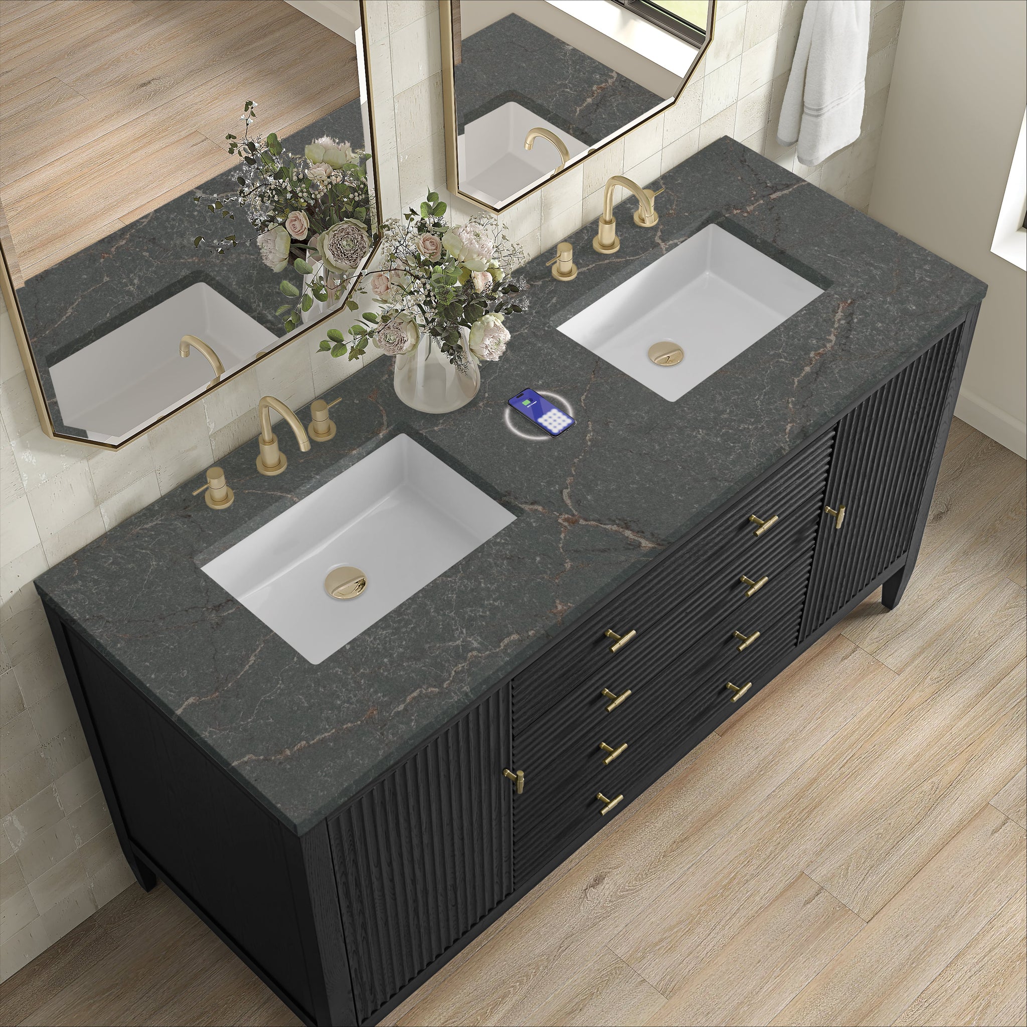 James Martin Myrrin 60" Double Bathroom Vanity, Carbon Oak with Parisien Bleu (FreePower) countertop