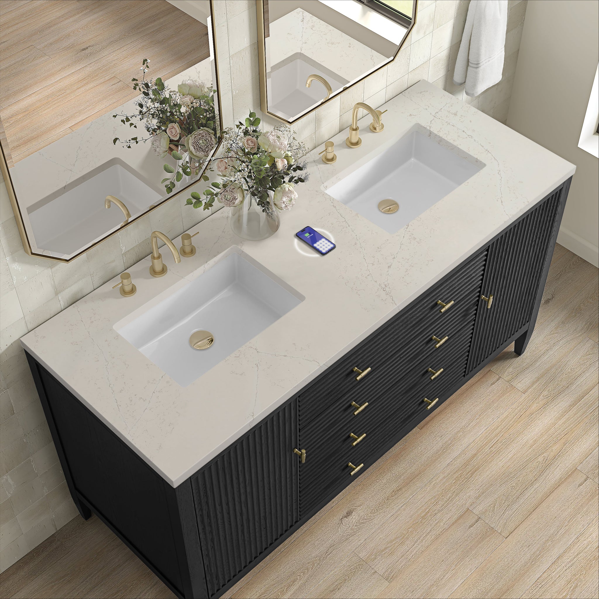 James Martin Myrrin 60" Double Bathroom Vanity, Carbon Oak with Siberian (FreePower) countertop