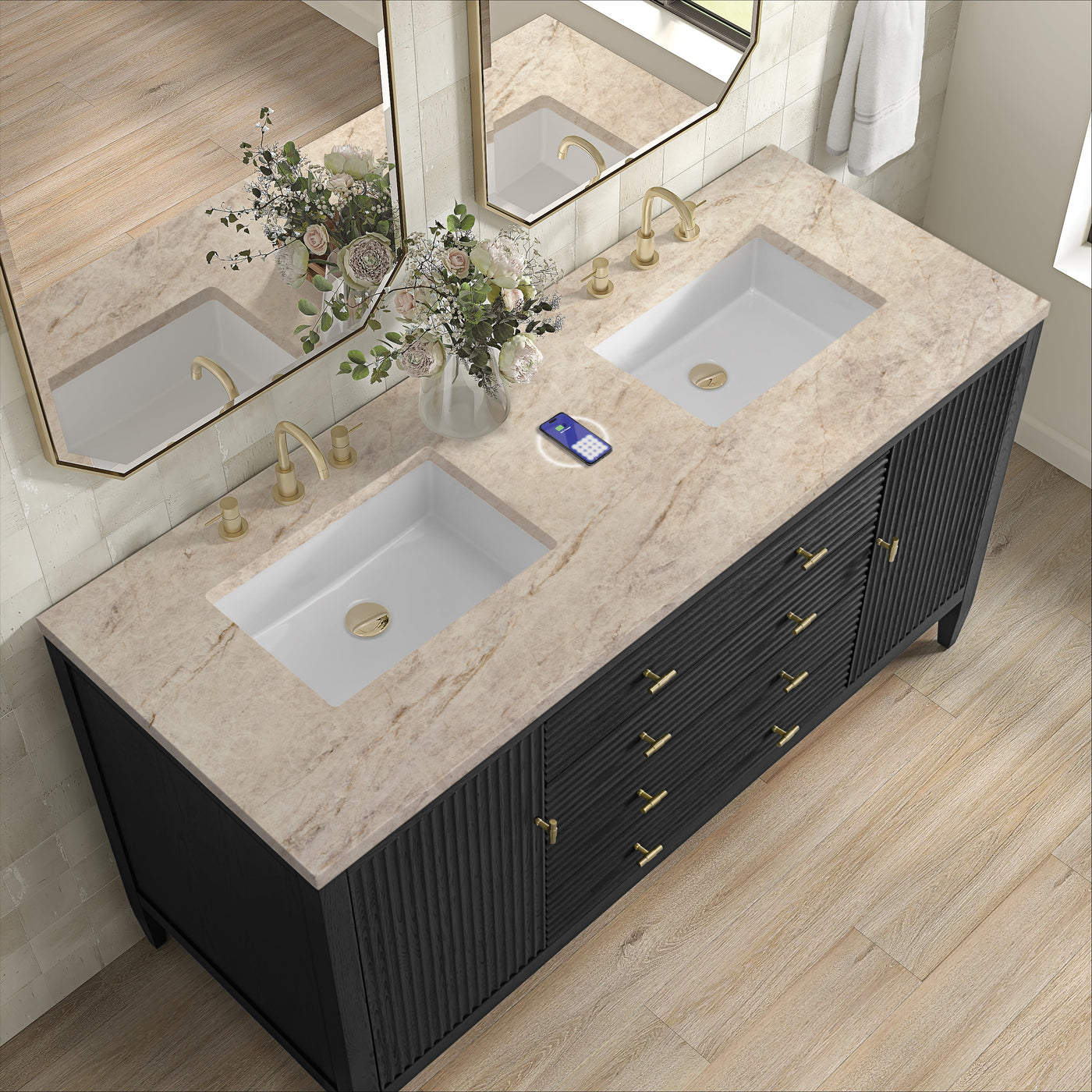 James Martin Myrrin 60" Double Bathroom Vanity, Carbon Oak with Tajnar (FreePower) countertop