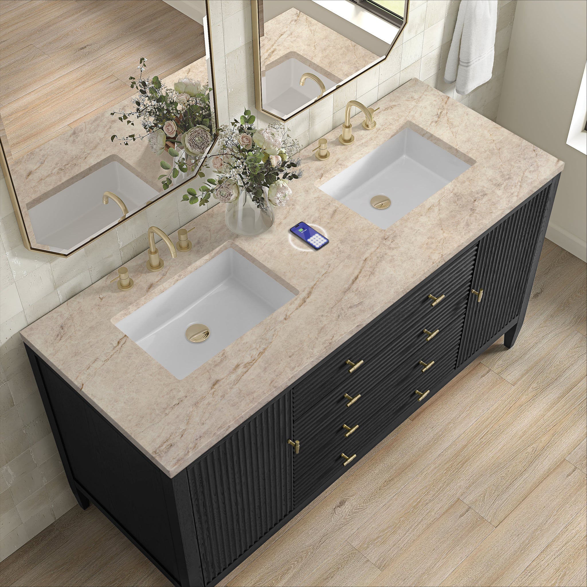 James Martin Myrrin 60" Double Bathroom Vanity, Carbon Oak with Tajnar (FreePower) countertop