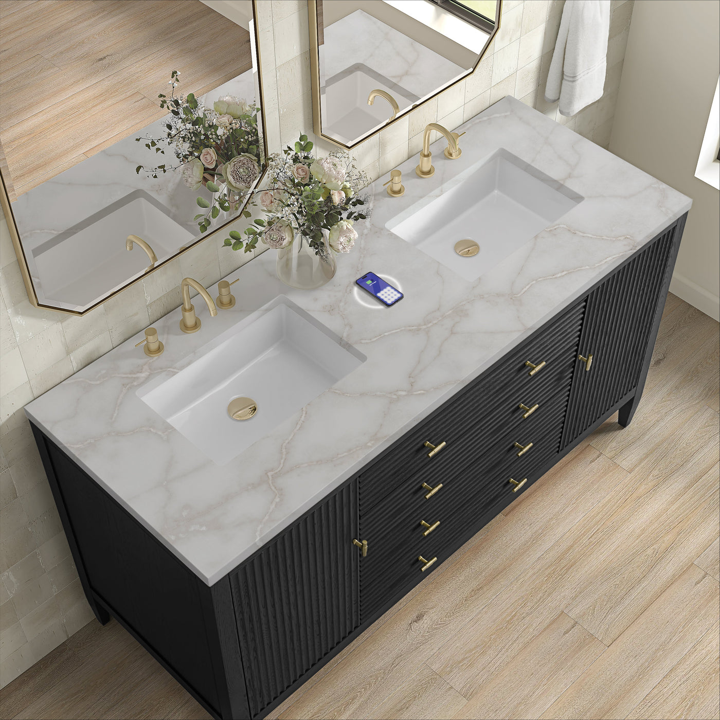 James Martin Myrrin 60" Double Bathroom Vanity, Carbon Oak with Victorian Silver (FreePower) countertop