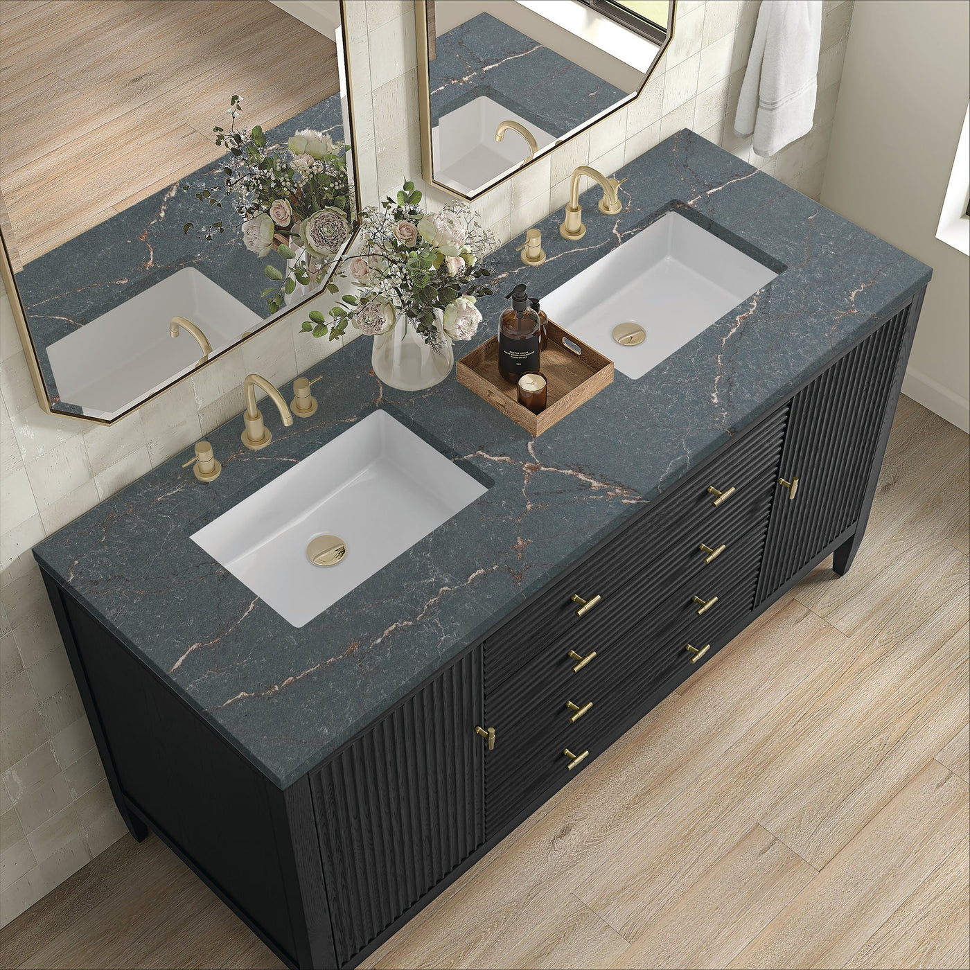 James Martin Myrrin 60" Double Bathroom Vanity, Carbon Oak with Parisien Bleu countertop