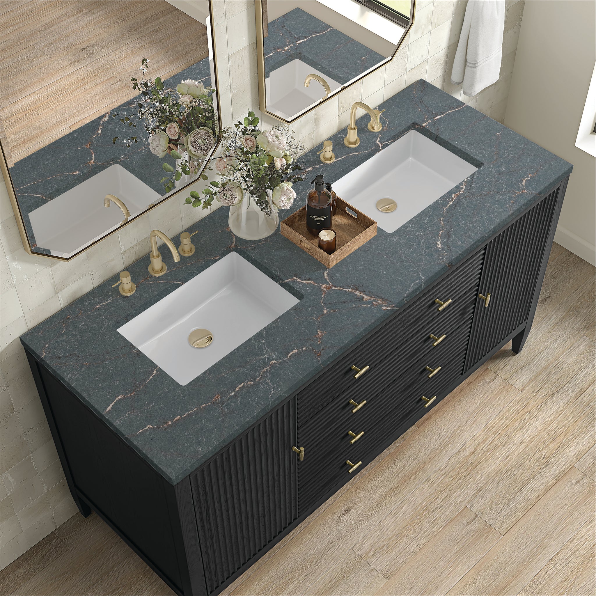 James Martin Myrrin 60" Double Bathroom Vanity, Carbon Oak with Parisien Bleu countertop
