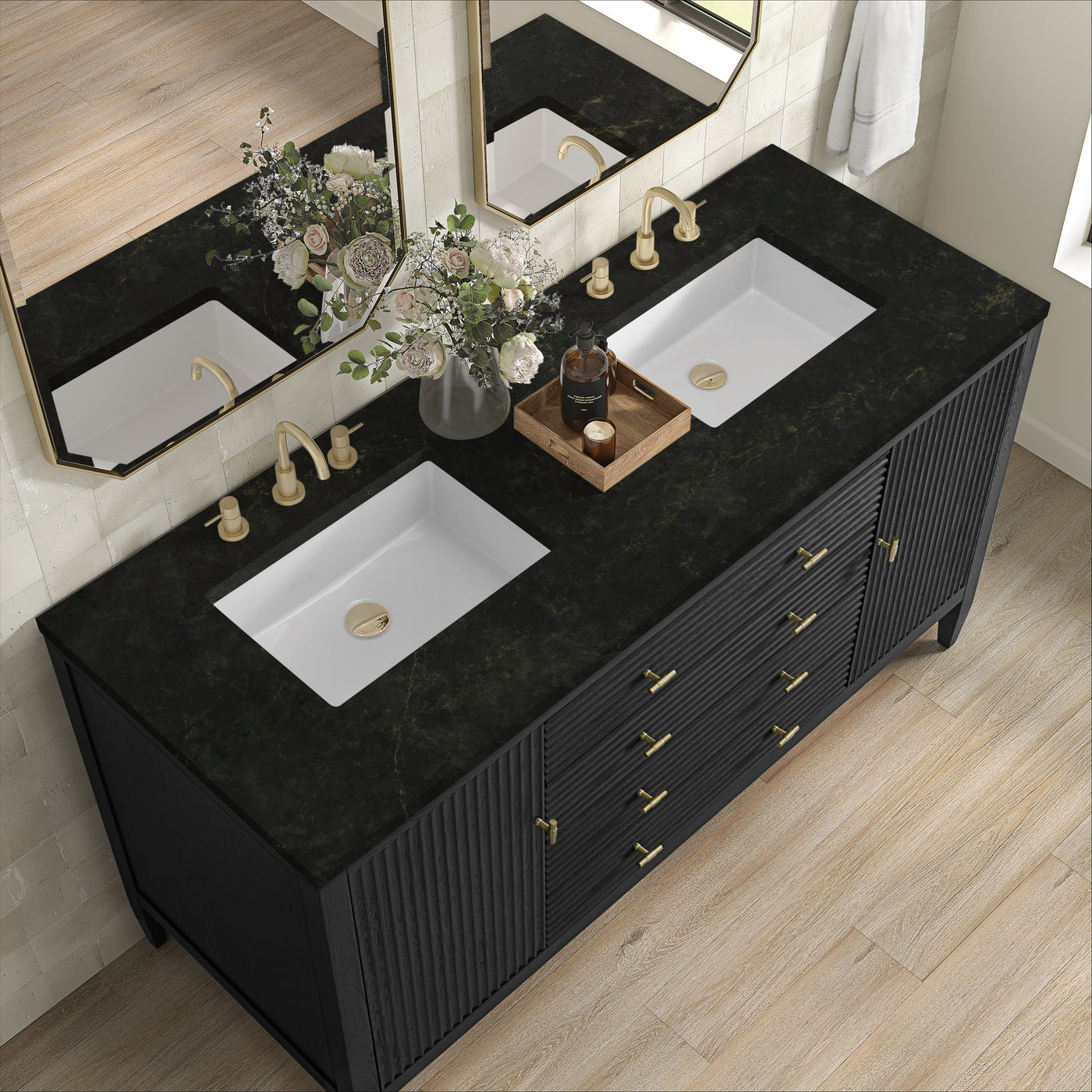 James Martin Myrrin 60" Double Bathroom Vanity, Carbon Oak with Phantome countertop