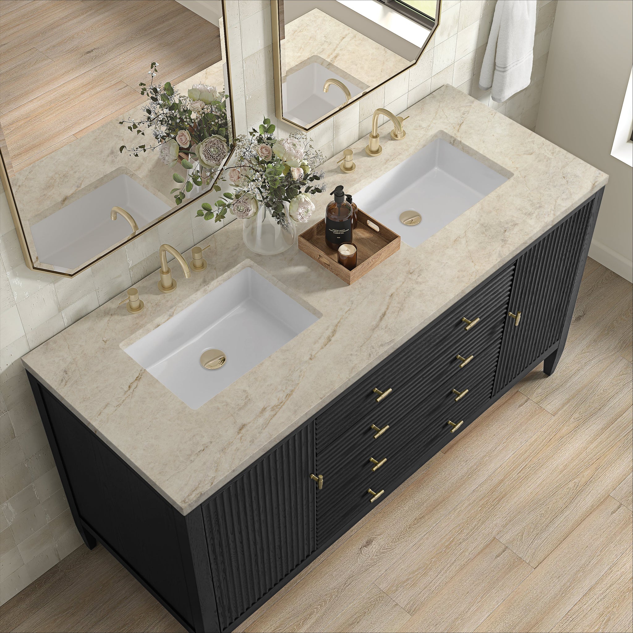 James Martin Myrrin 60" Double Bathroom Vanity, Carbon Oak with Tajnar countertop
