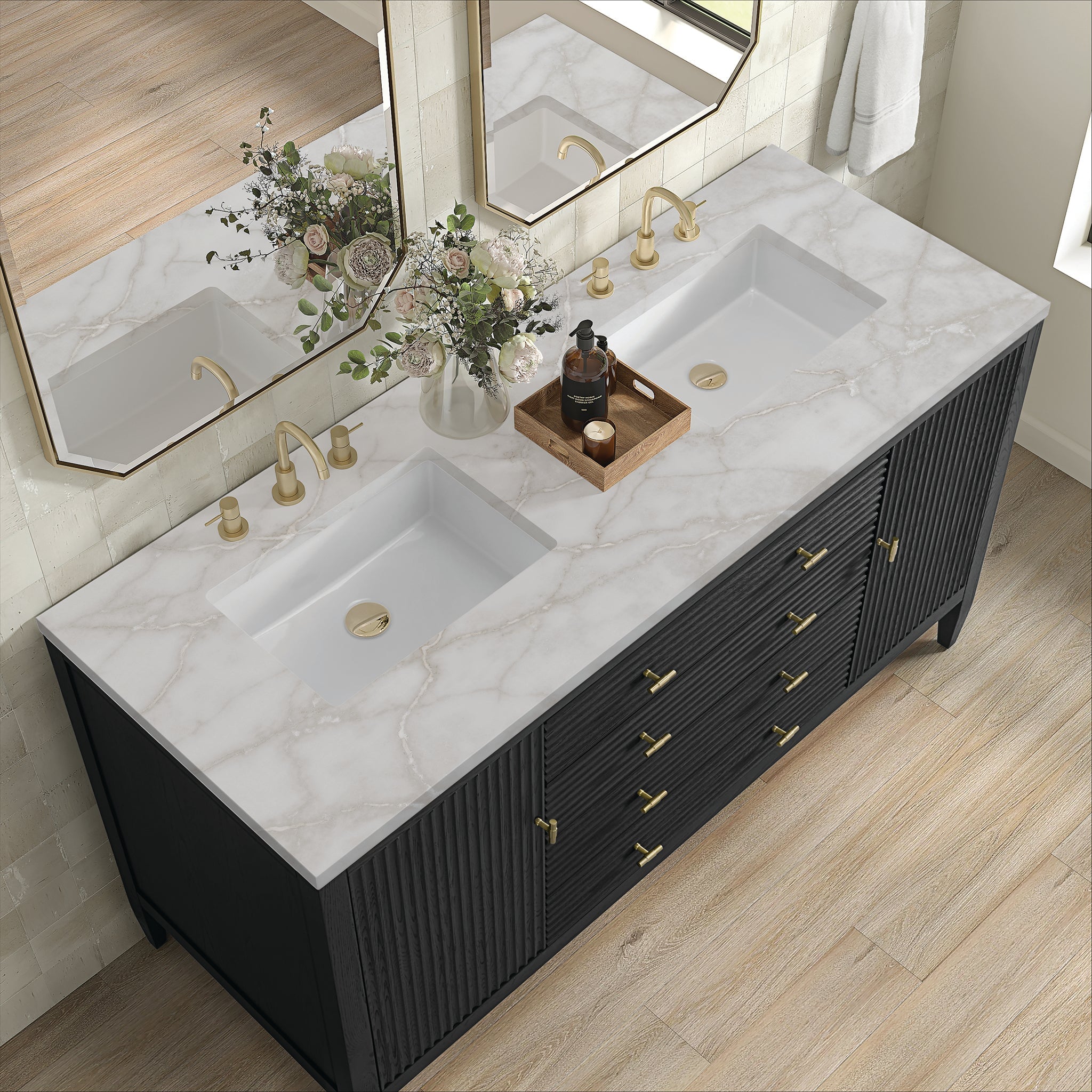 James Martin Myrrin 60" Double Bathroom Vanity, Carbon Oak with Victorian Silver countertop
