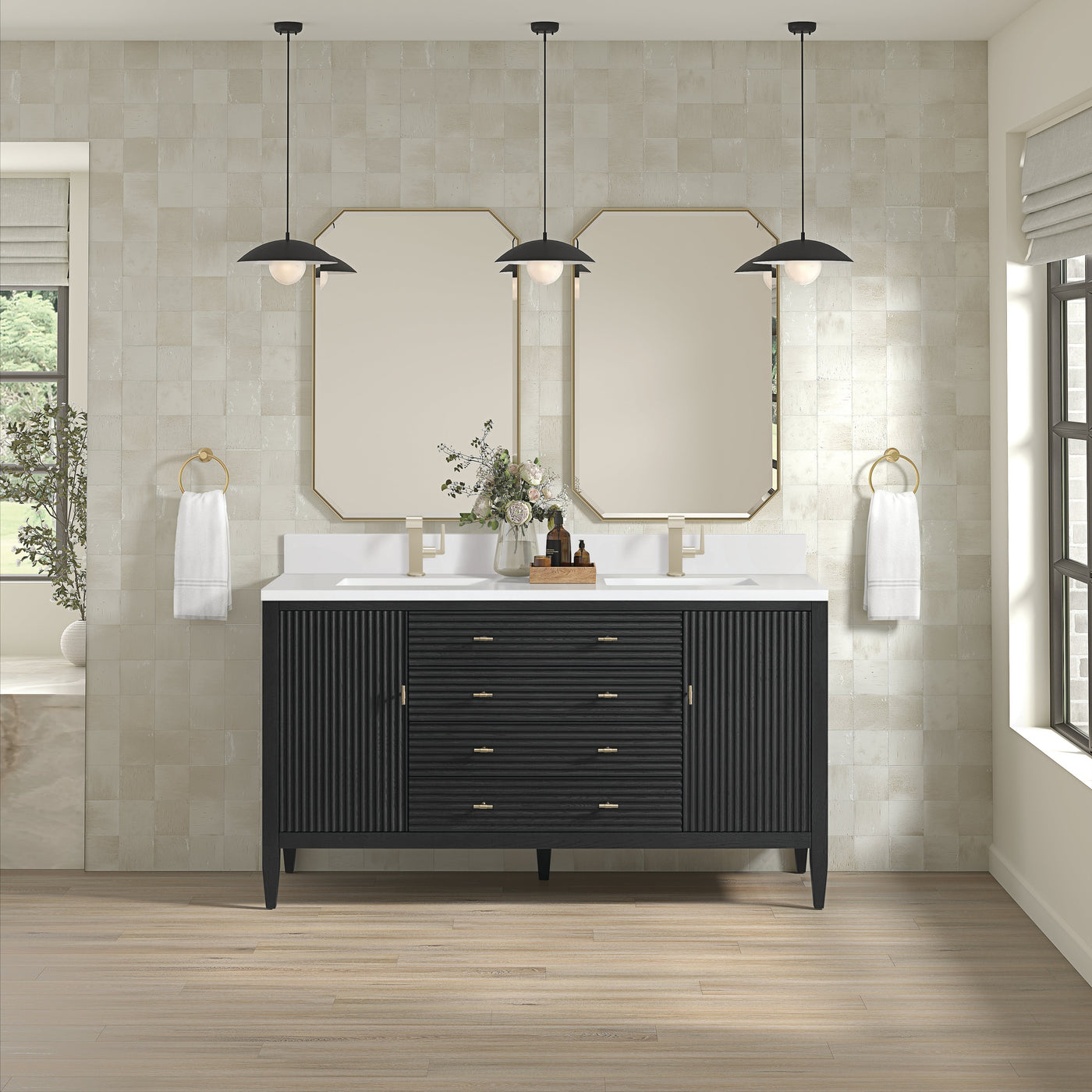 James Martin Myrrin 60" Double Bathroom Vanity, Carbon Oak with White Zeus (Single Hole, with Backsplash) countertop