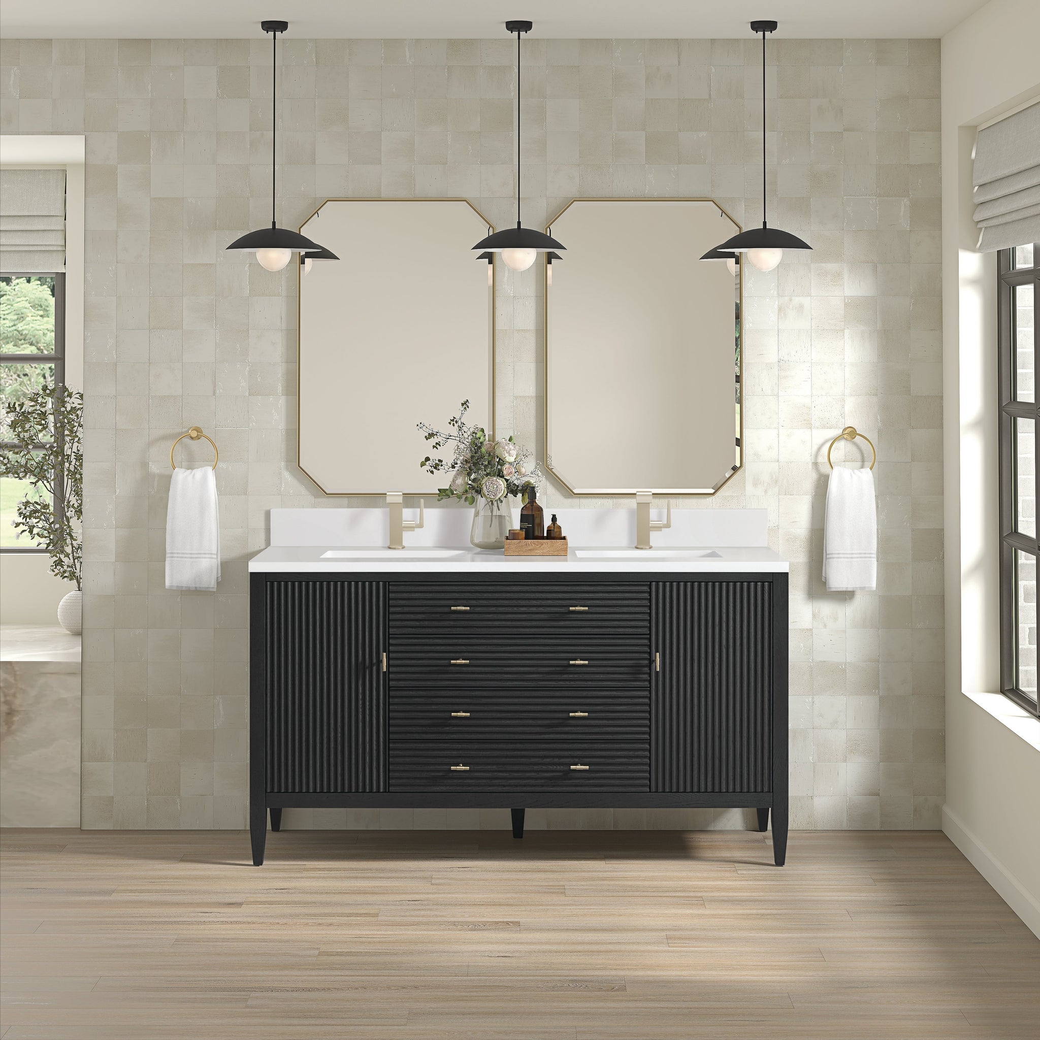 James Martin Myrrin 60" Double Bathroom Vanity, Carbon Oak with White Zeus (Single Hole, with Backsplash) countertop