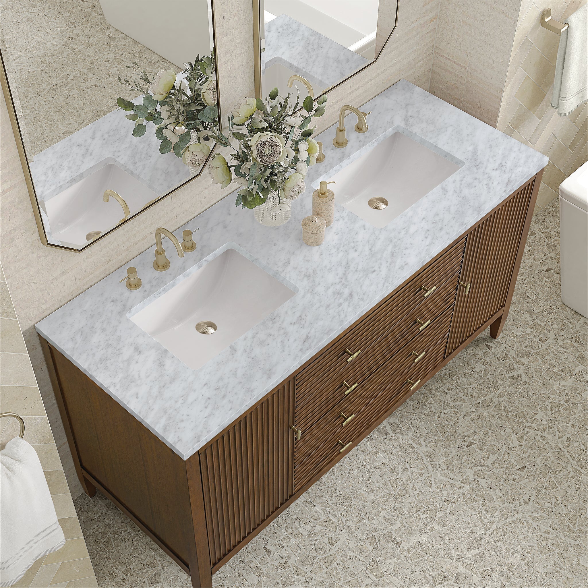James Martin Myrrin 60" Double Bathroom Vanity, Mid-Century Walnut with Carrara White countertop