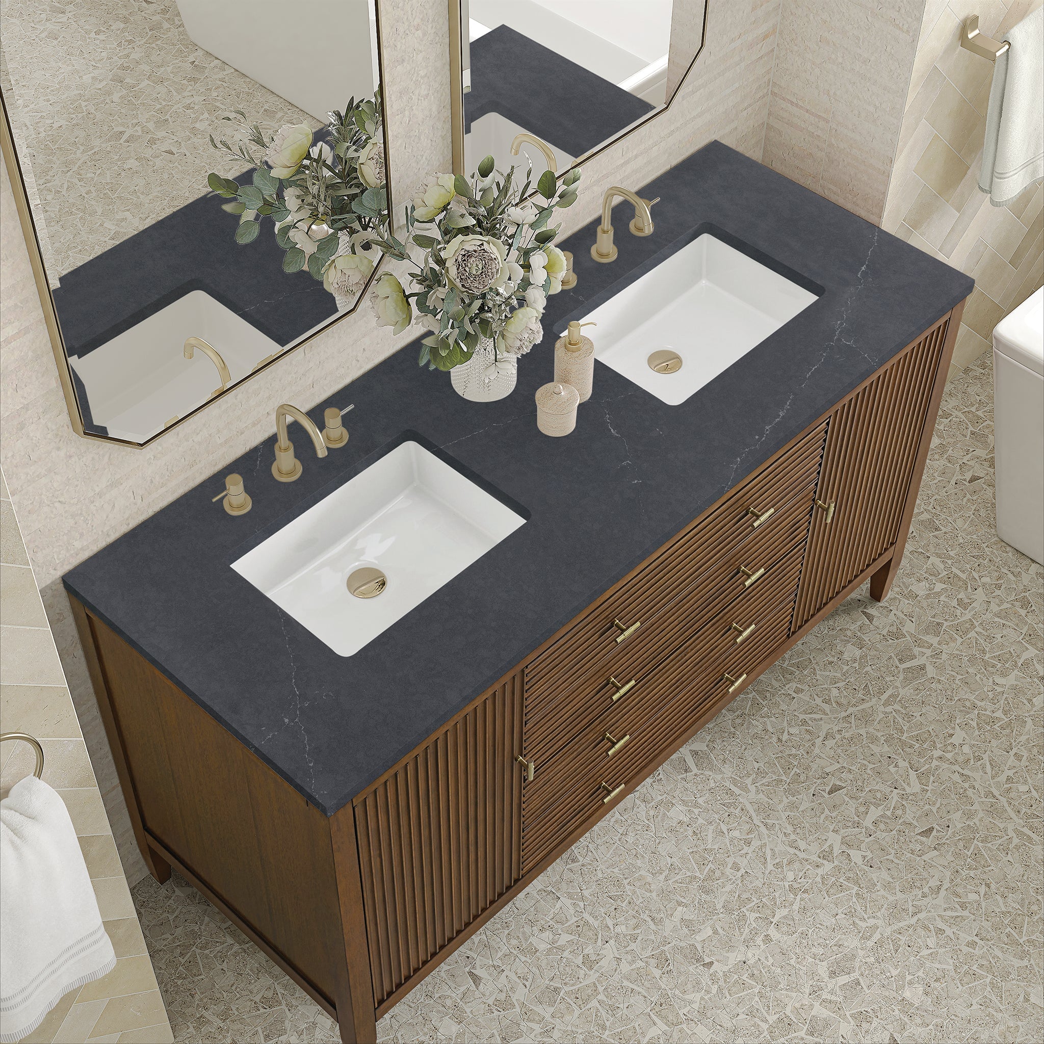 James Martin Myrrin 60" Double Bathroom Vanity, Mid-Century Walnut with Charcoal Soapstone countertop