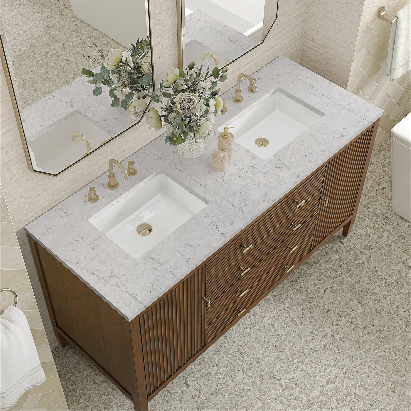 James Martin Myrrin 60" Double Bathroom Vanity, Mid-Century Walnut with Eternal Jasmine Pearl countertop
