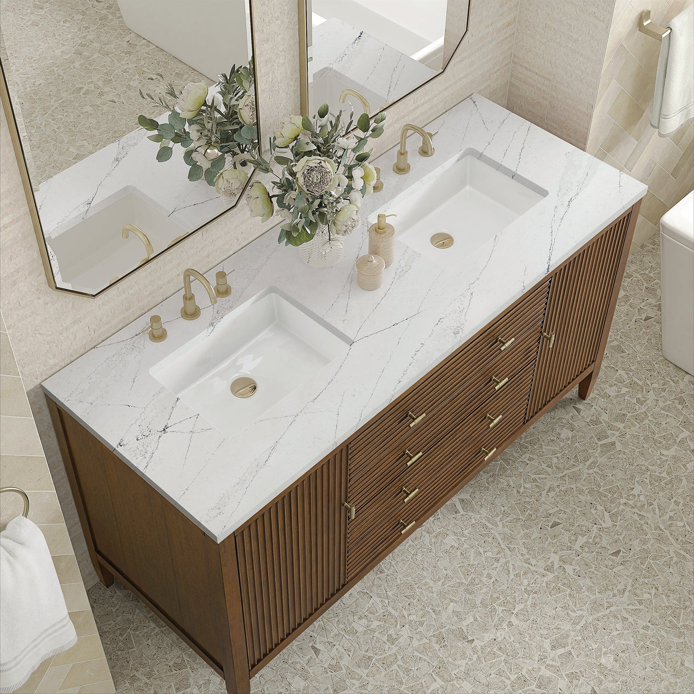 James Martin Myrrin 60" Double Bathroom Vanity, Mid-Century Walnut with Ethereal Noctis countertop