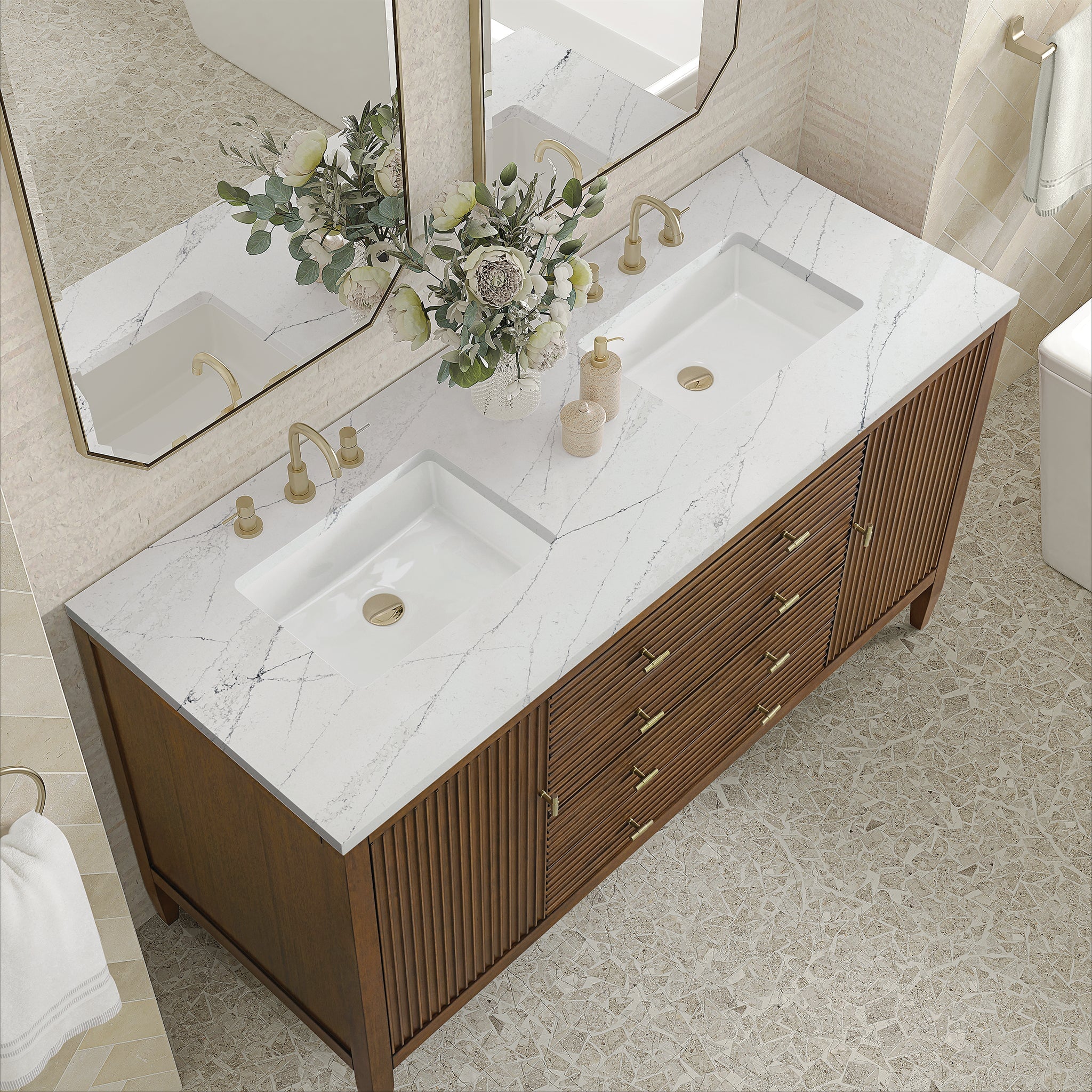 James Martin Myrrin 60" Double Bathroom Vanity, Mid-Century Walnut with Ethereal Noctis countertop