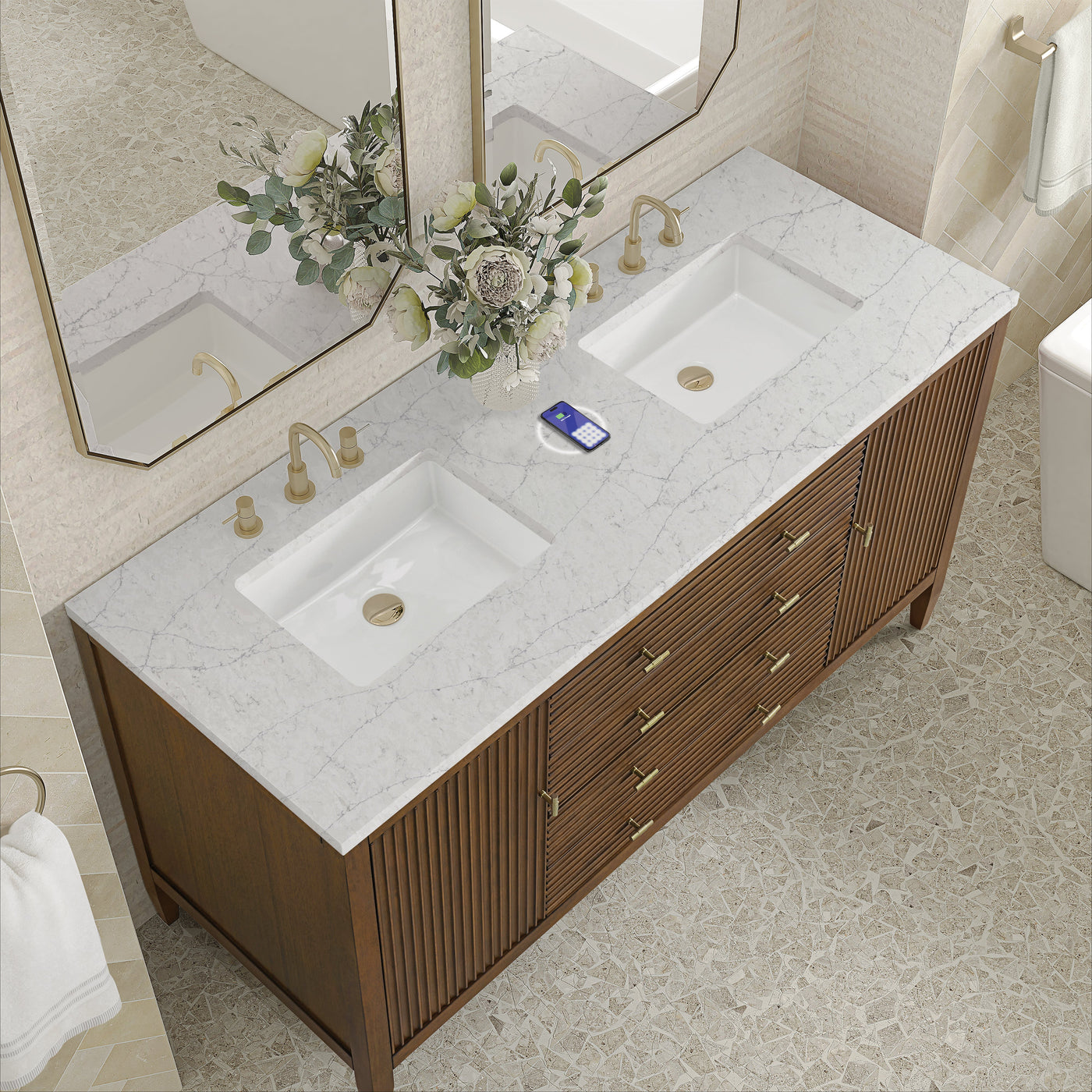 James Martin Myrrin 60" Double Bathroom Vanity, Mid-Century Walnut with Eternal Jasmine Pearl (FreePower) countertop