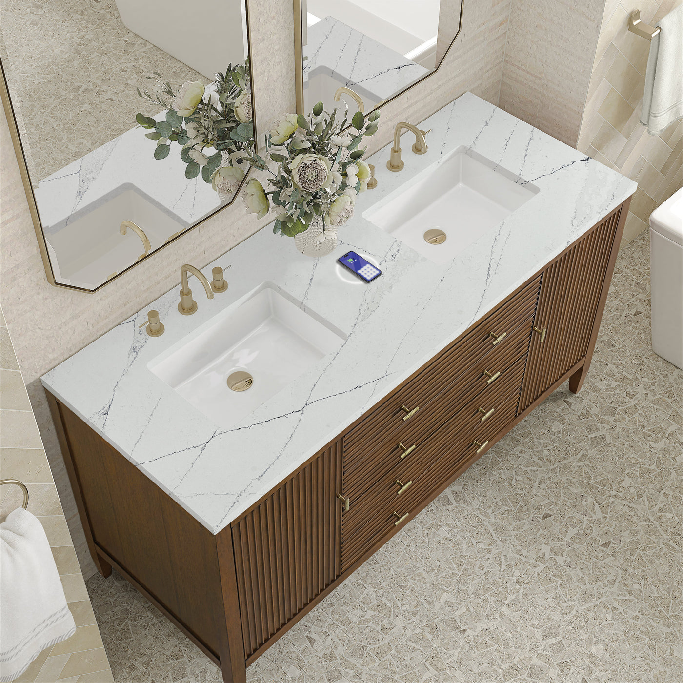 James Martin Myrrin 60" Double Bathroom Vanity, Mid-Century Walnut with Ethereal Noctis (FreePower) countertop