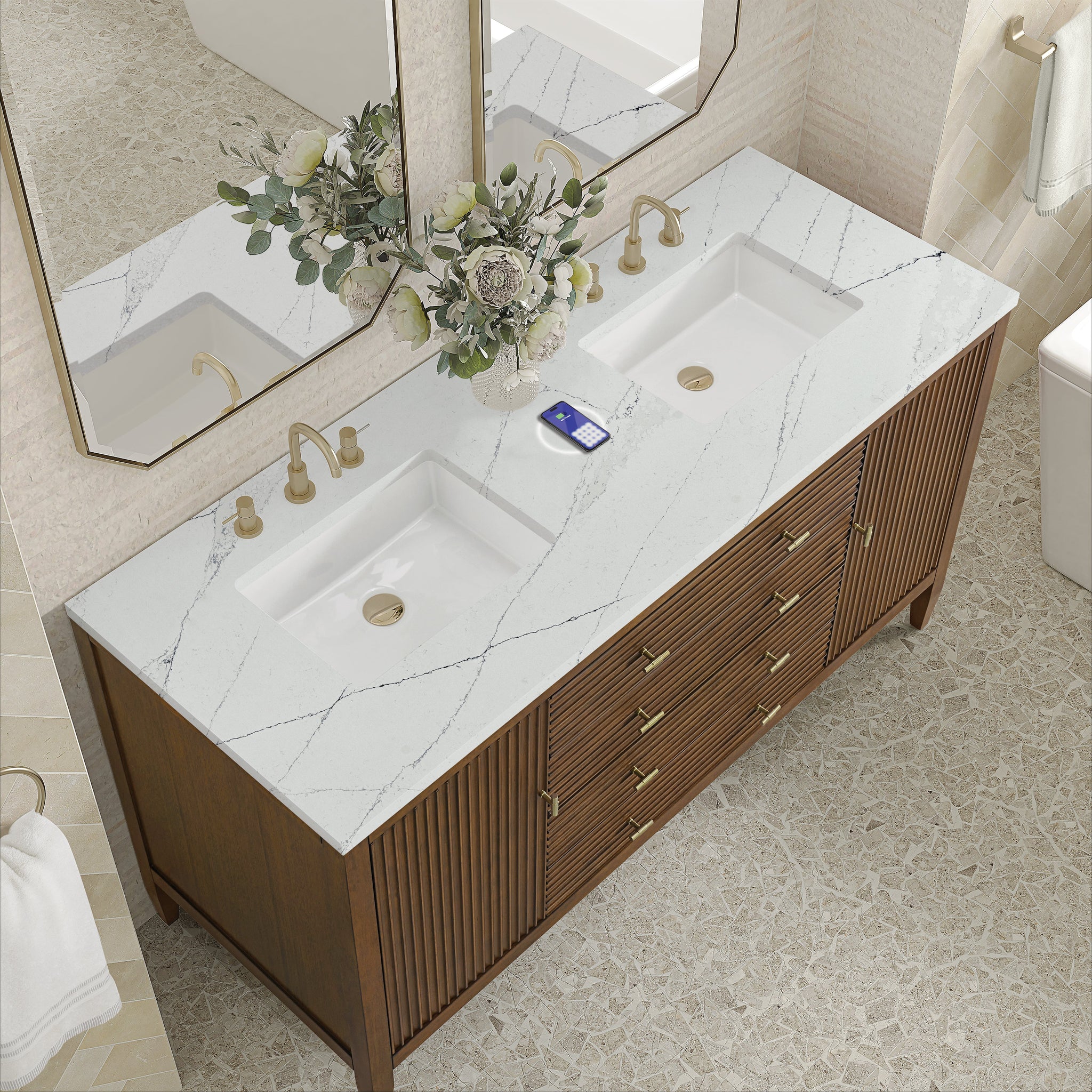 James Martin Myrrin 60" Double Bathroom Vanity, Mid-Century Walnut with Ethereal Noctis (FreePower) countertop