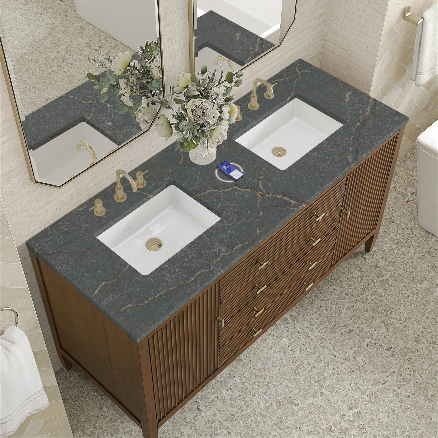 James Martin Myrrin 60" Double Bathroom Vanity, Mid-Century Walnut with Parisien Bleu (FreePower) countertop