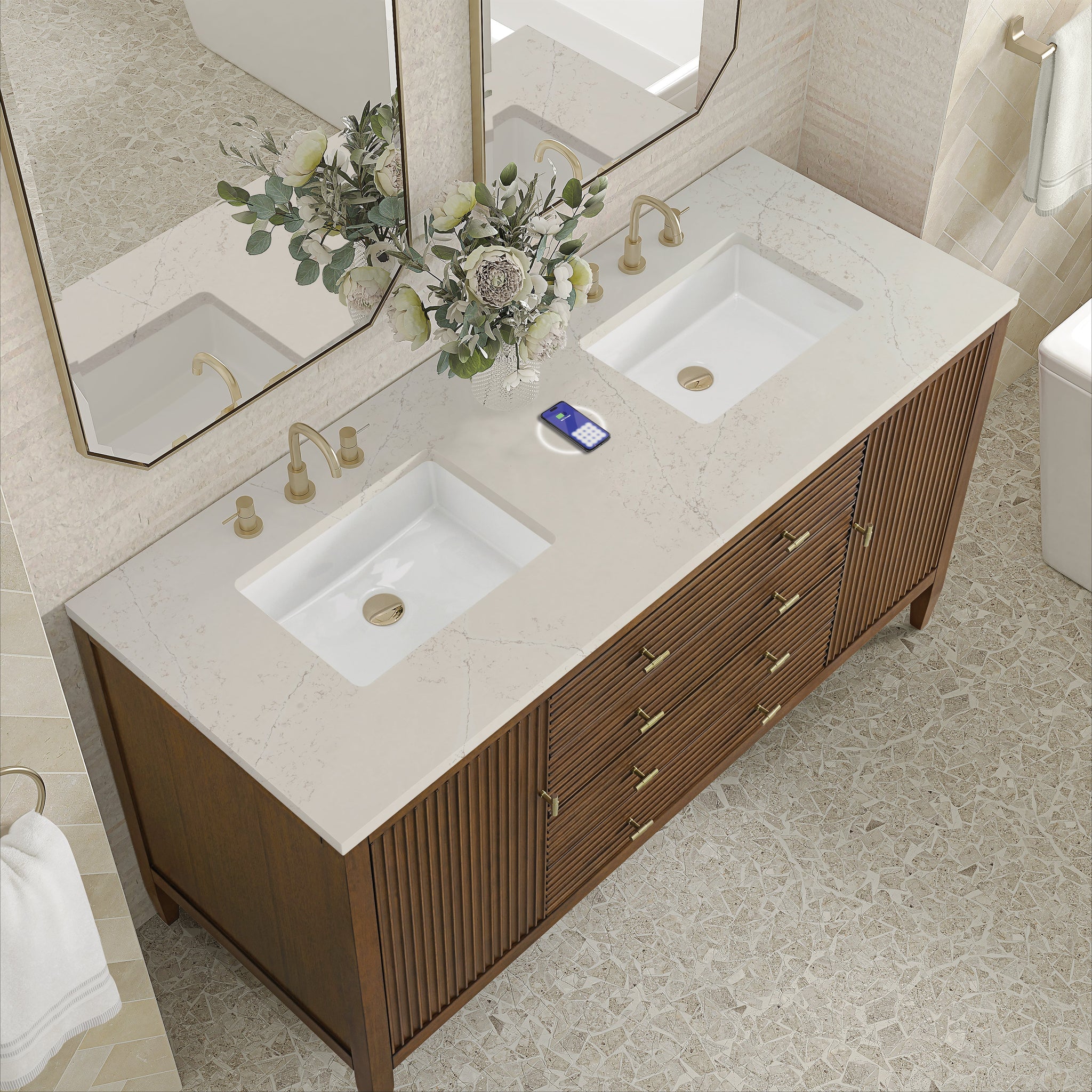 James Martin Myrrin 60" Double Bathroom Vanity, Mid-Century Walnut with Siberian (FreePower) countertop