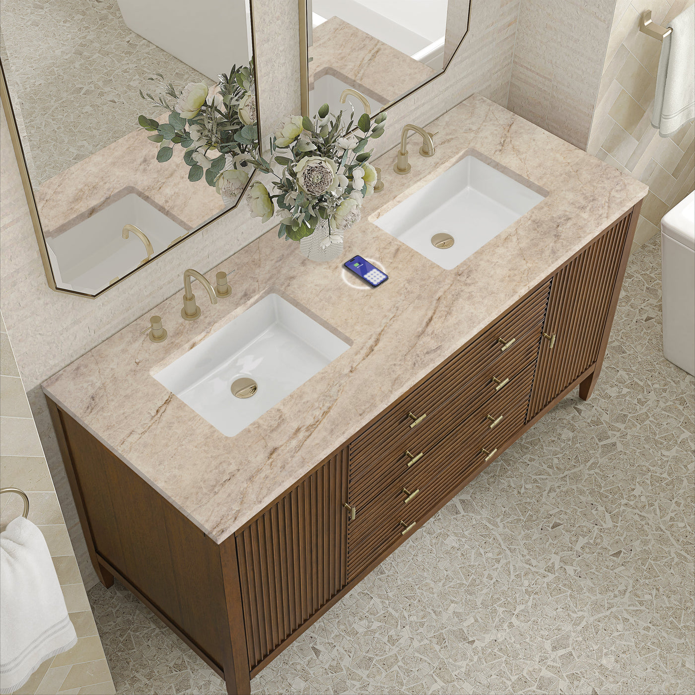 James Martin Myrrin 60" Double Bathroom Vanity, Mid-Century Walnut with Tajnar (FreePower) countertop