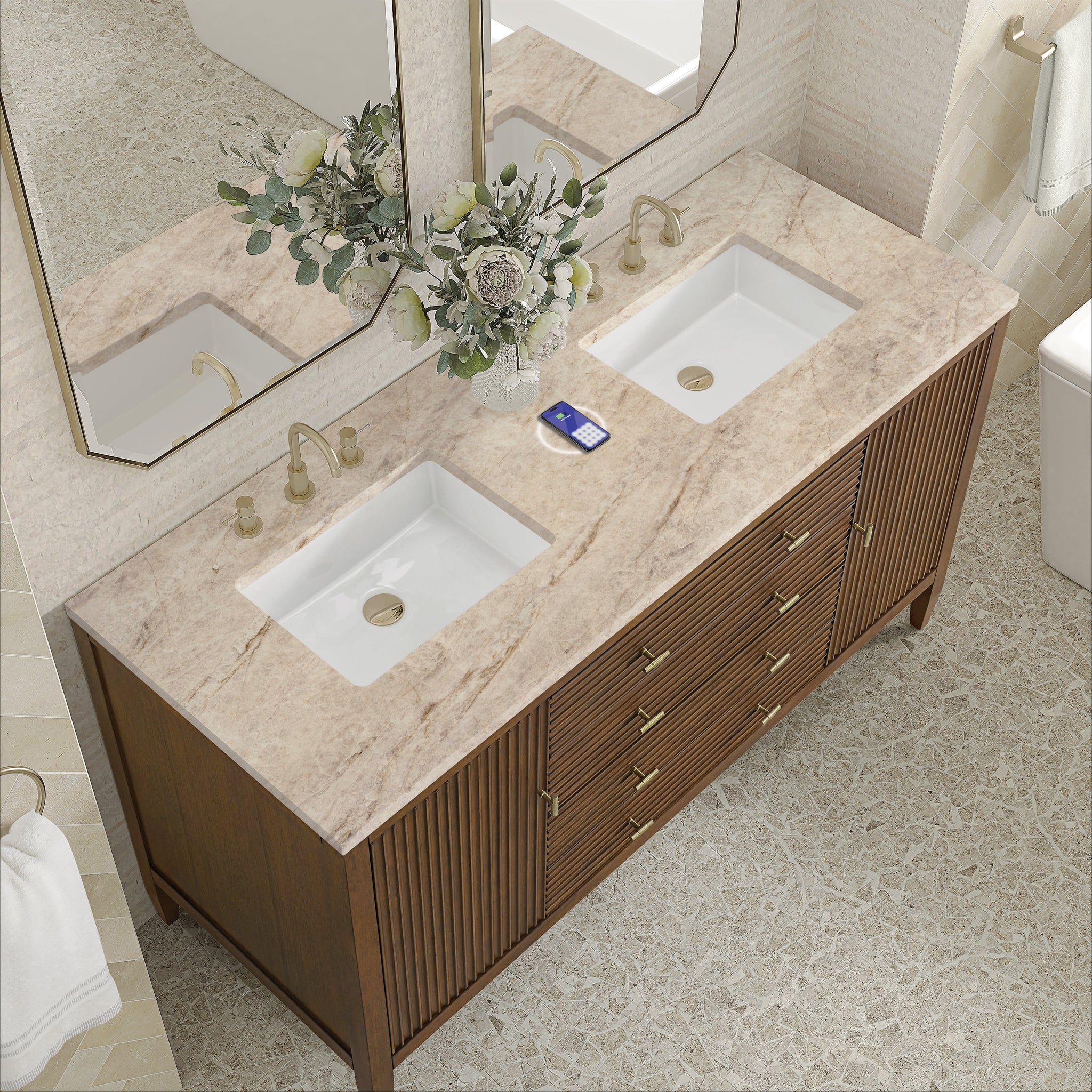 James Martin Myrrin 60" Double Bathroom Vanity, Mid-Century Walnut with Tajnar (FreePower) countertop