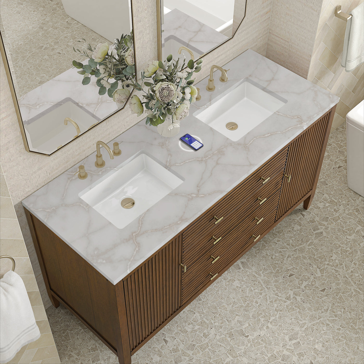 James Martin Myrrin 60" Double Bathroom Vanity, Mid-Century Walnut with Victorian Silver (FreePower) countertop