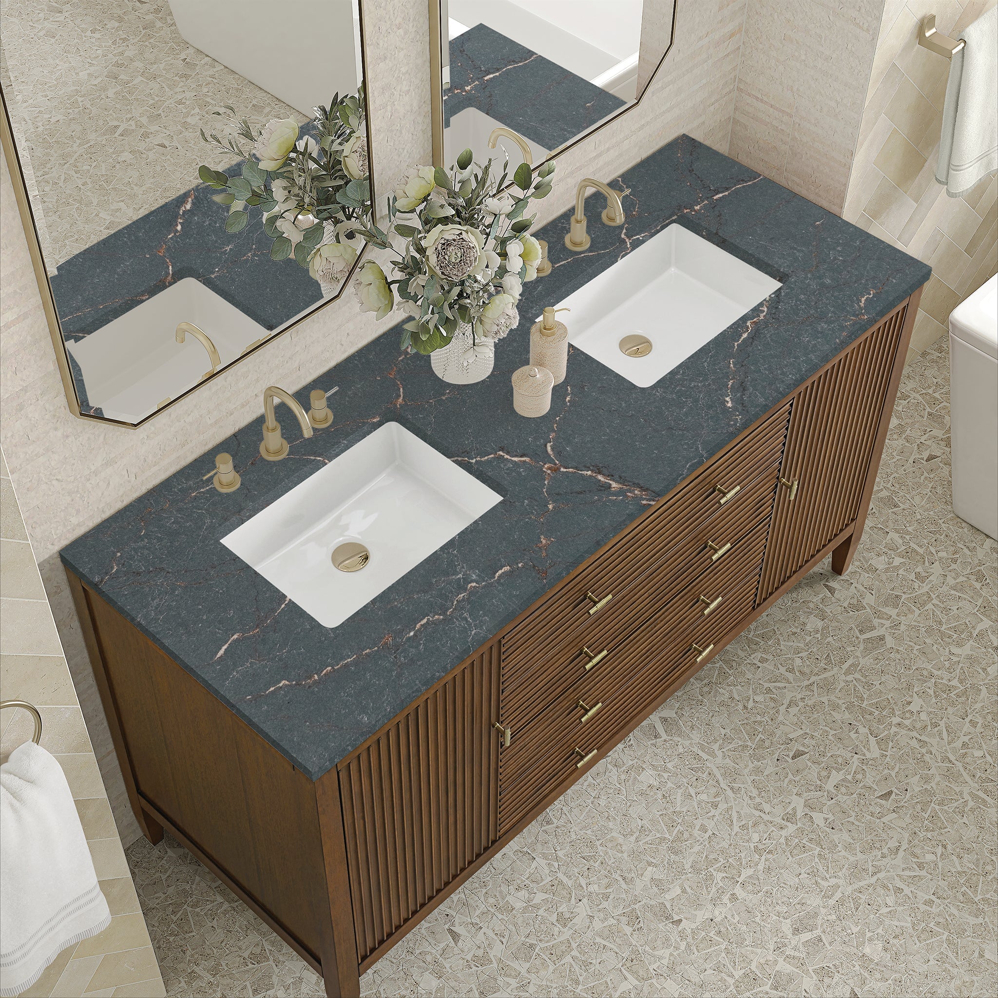 James Martin Myrrin 60" Double Bathroom Vanity, Mid-Century Walnut with Parisien Bleu countertop